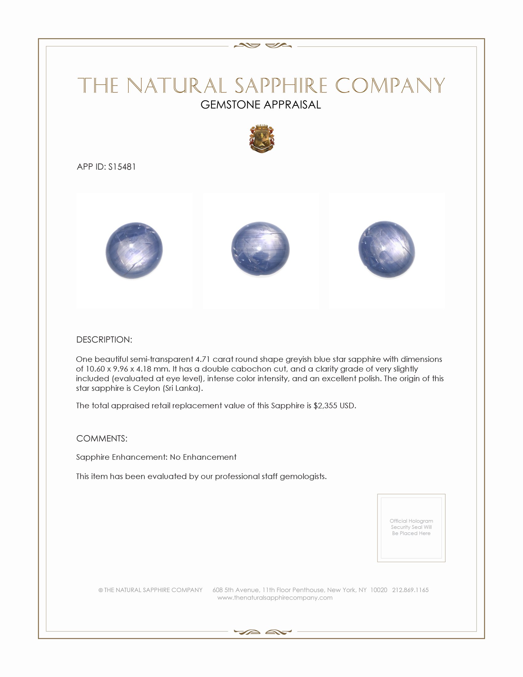 4.71 Ct. Greyish Blue Star Sapphire from Ceylon (Sri Lanka)