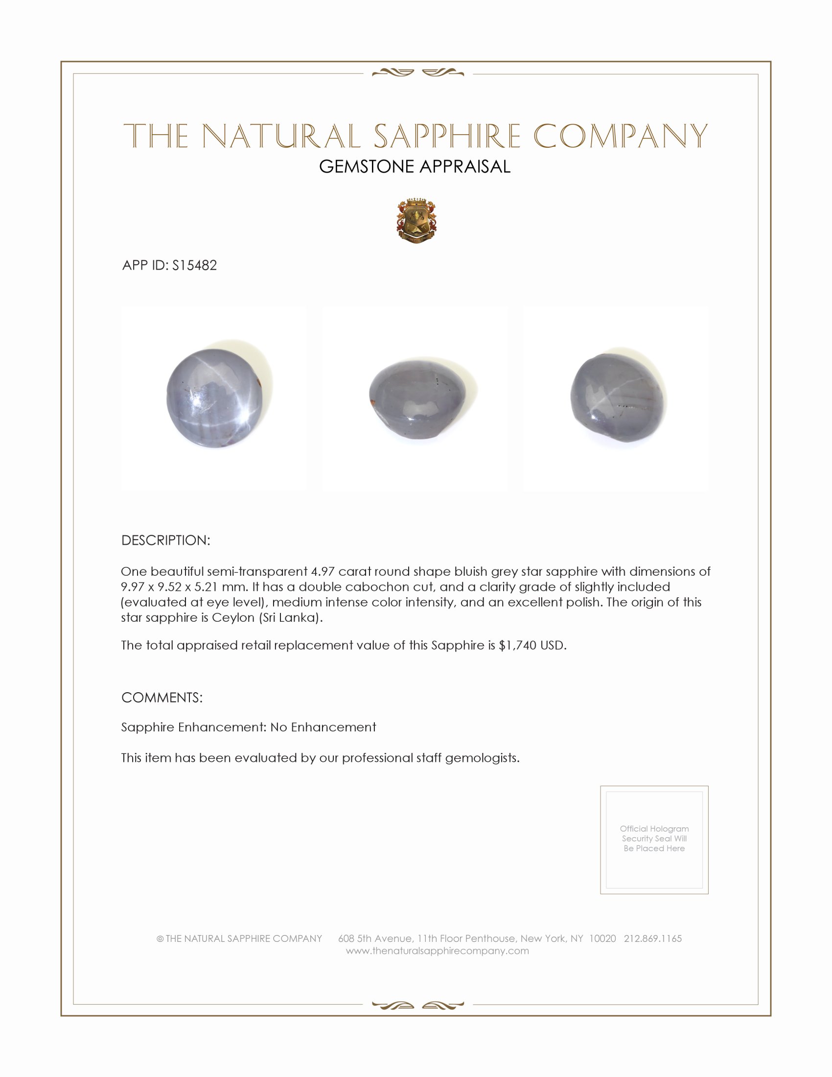 4.97 Ct. Bluish Grey Star Sapphire from Ceylon (Sri Lanka)