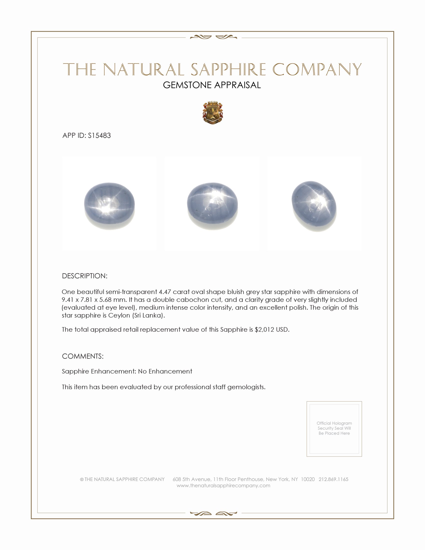 4.47 Ct. Bluish Grey Star Sapphire from Ceylon (Sri Lanka)