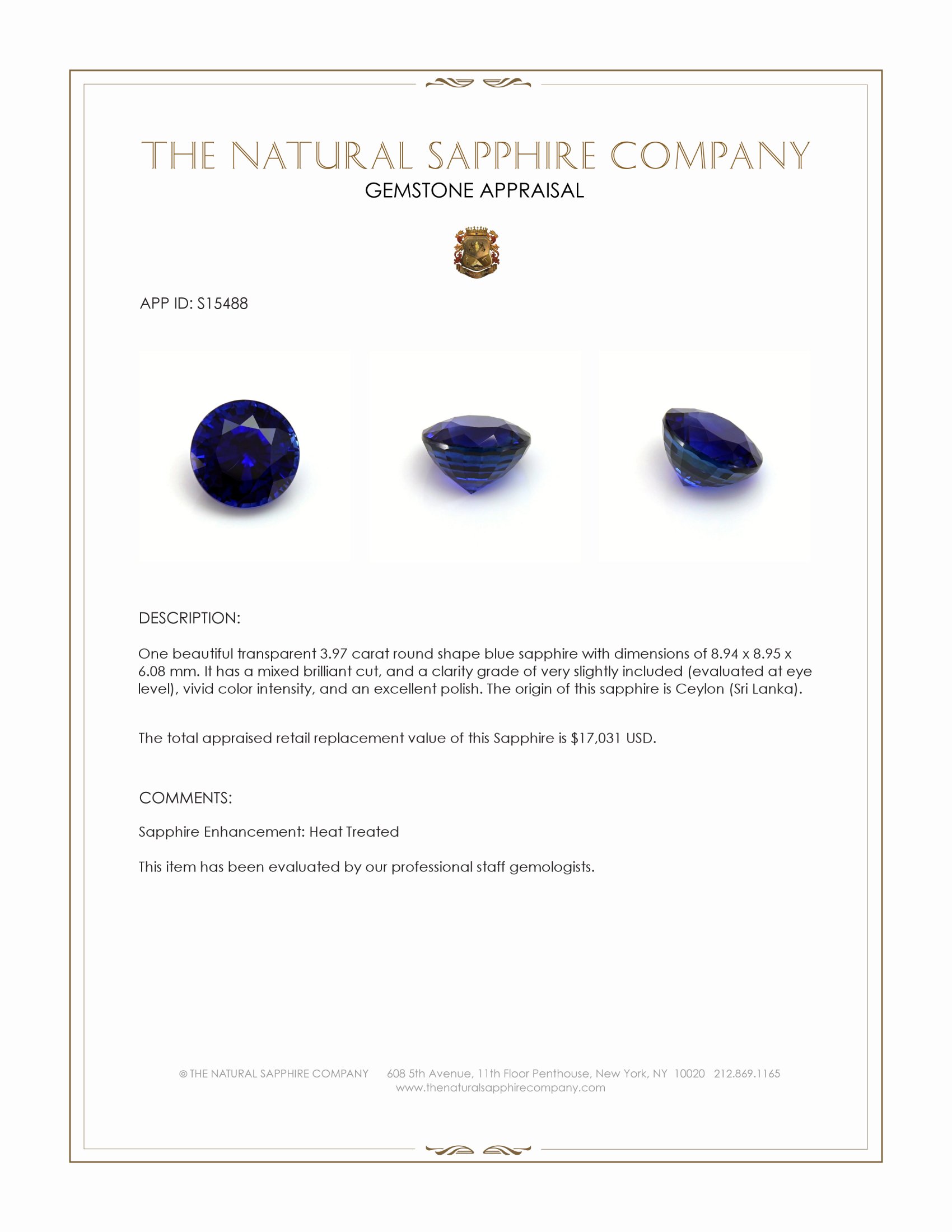 3.97 Ct. Blue Sapphire from Ceylon (Sri Lanka)