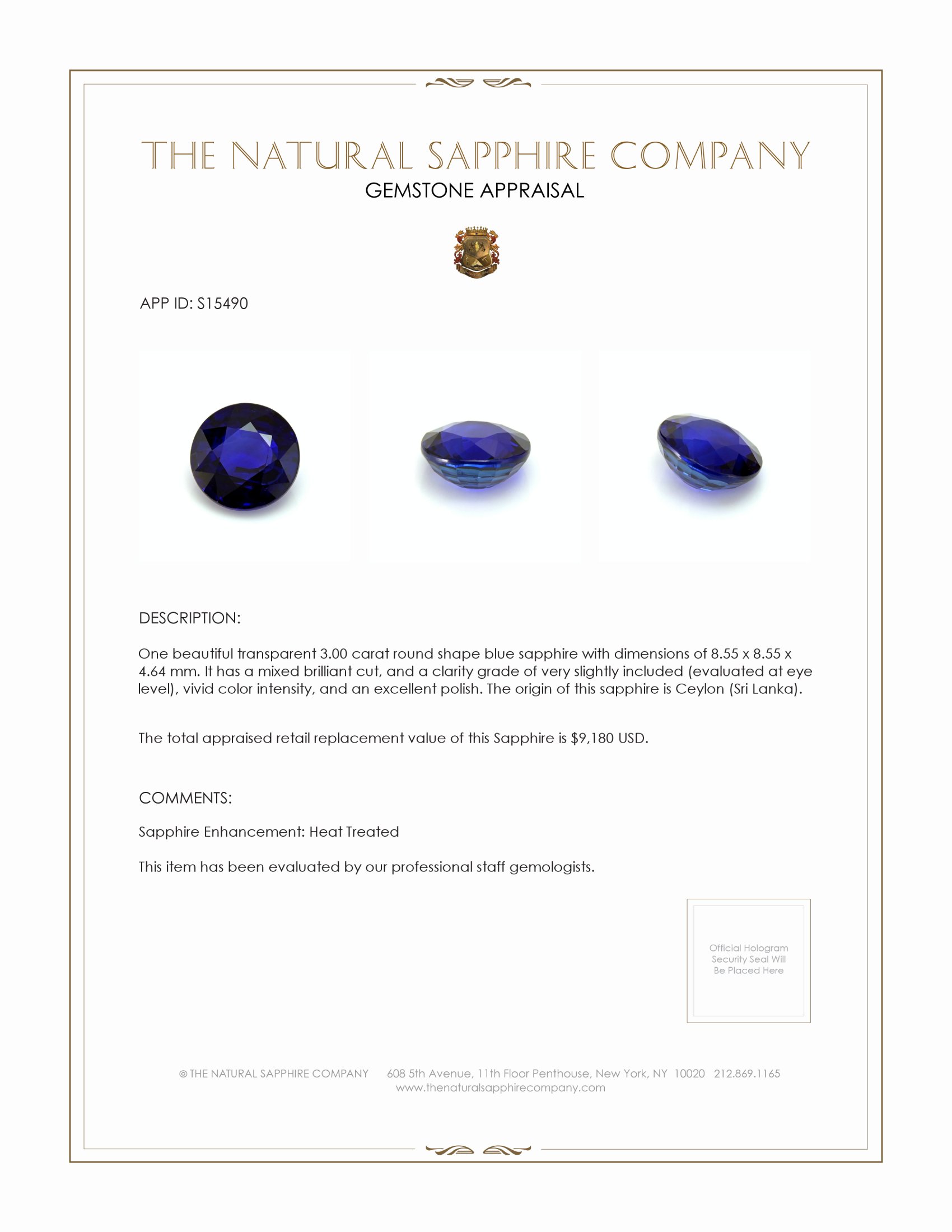 3.00 Ct. Blue Sapphire from Ceylon (Sri Lanka)