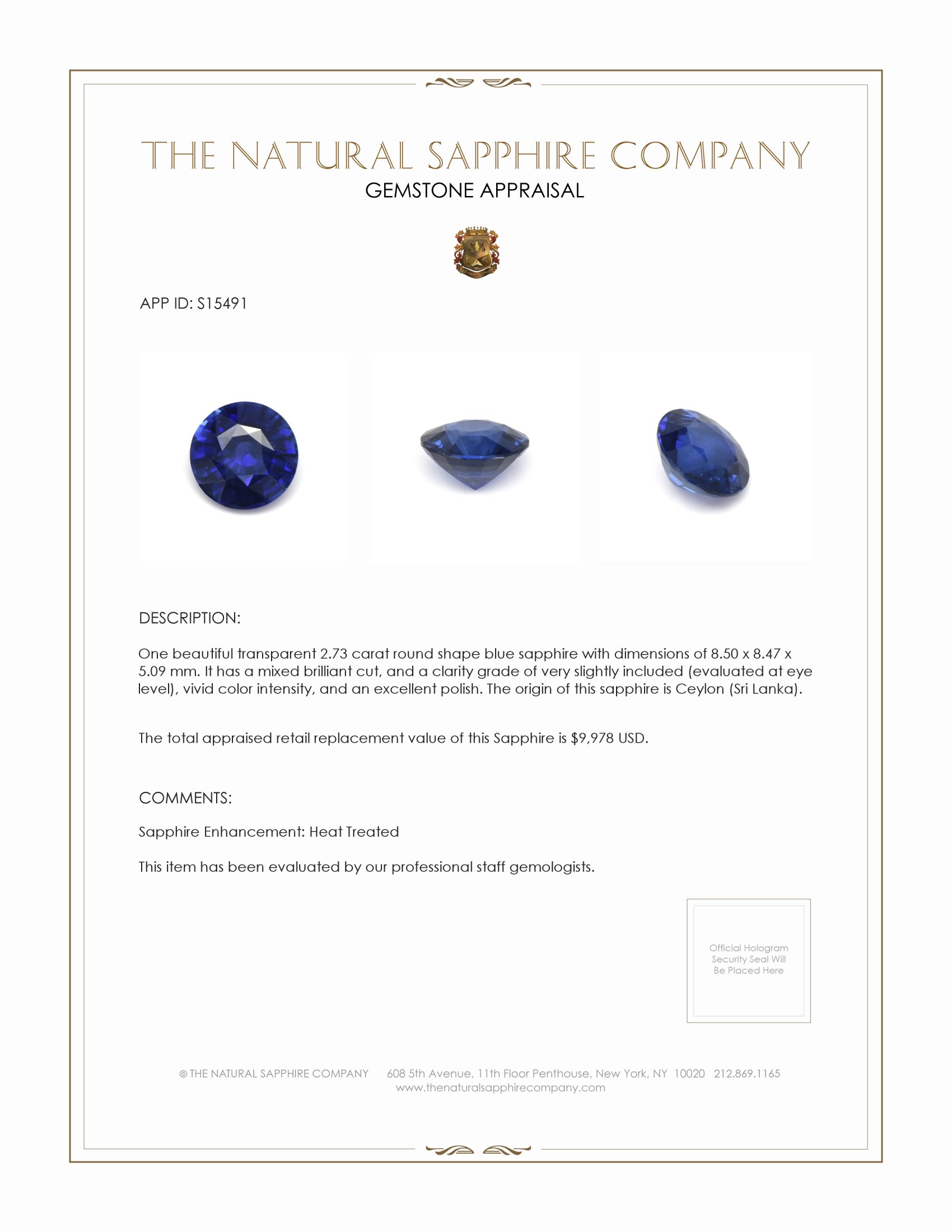 2.73 Ct. Blue Sapphire from Ceylon (Sri Lanka)