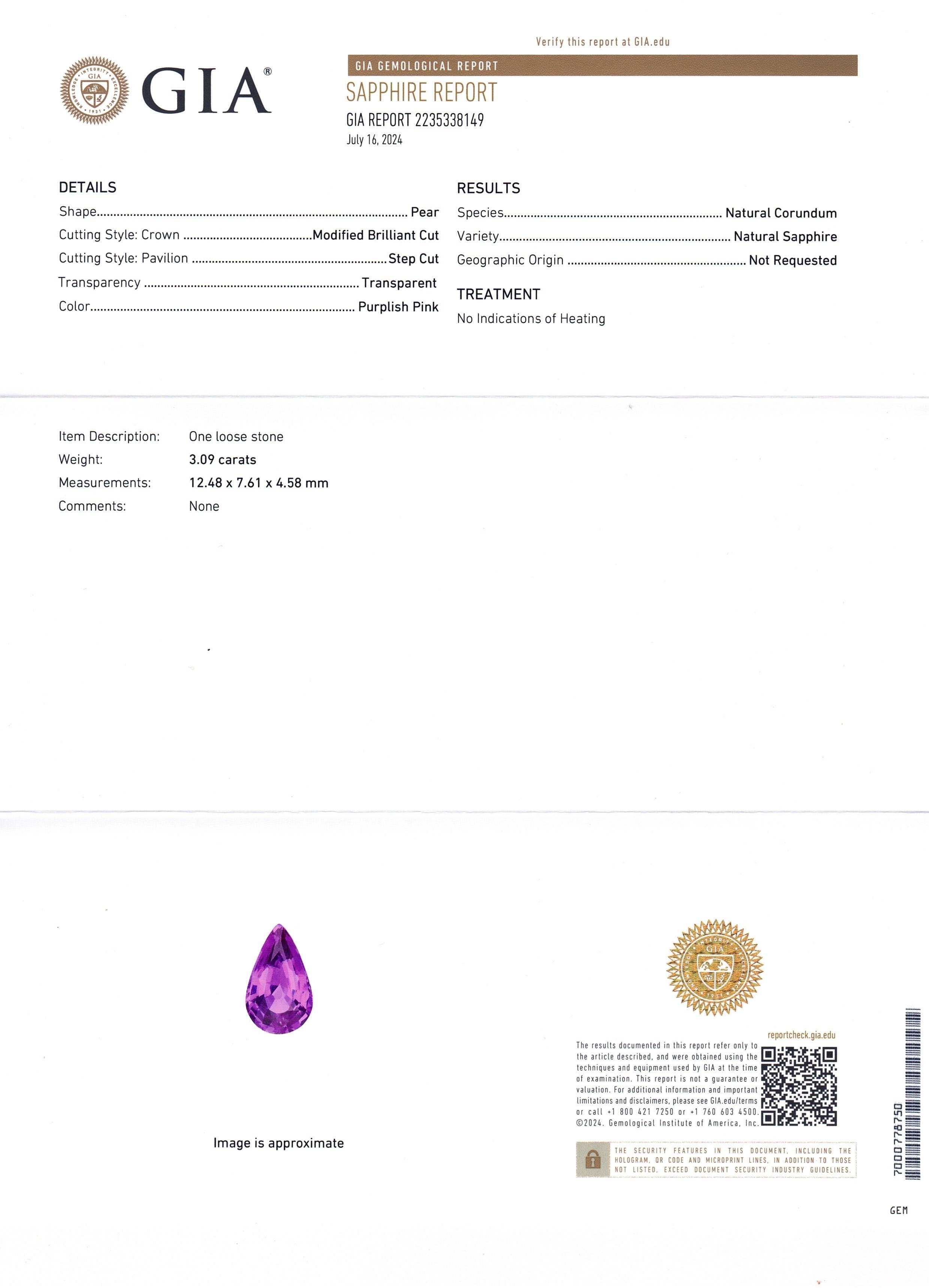 3.09 Ct. Purplish Pink Sapphire from Ceylon (Sri Lanka)