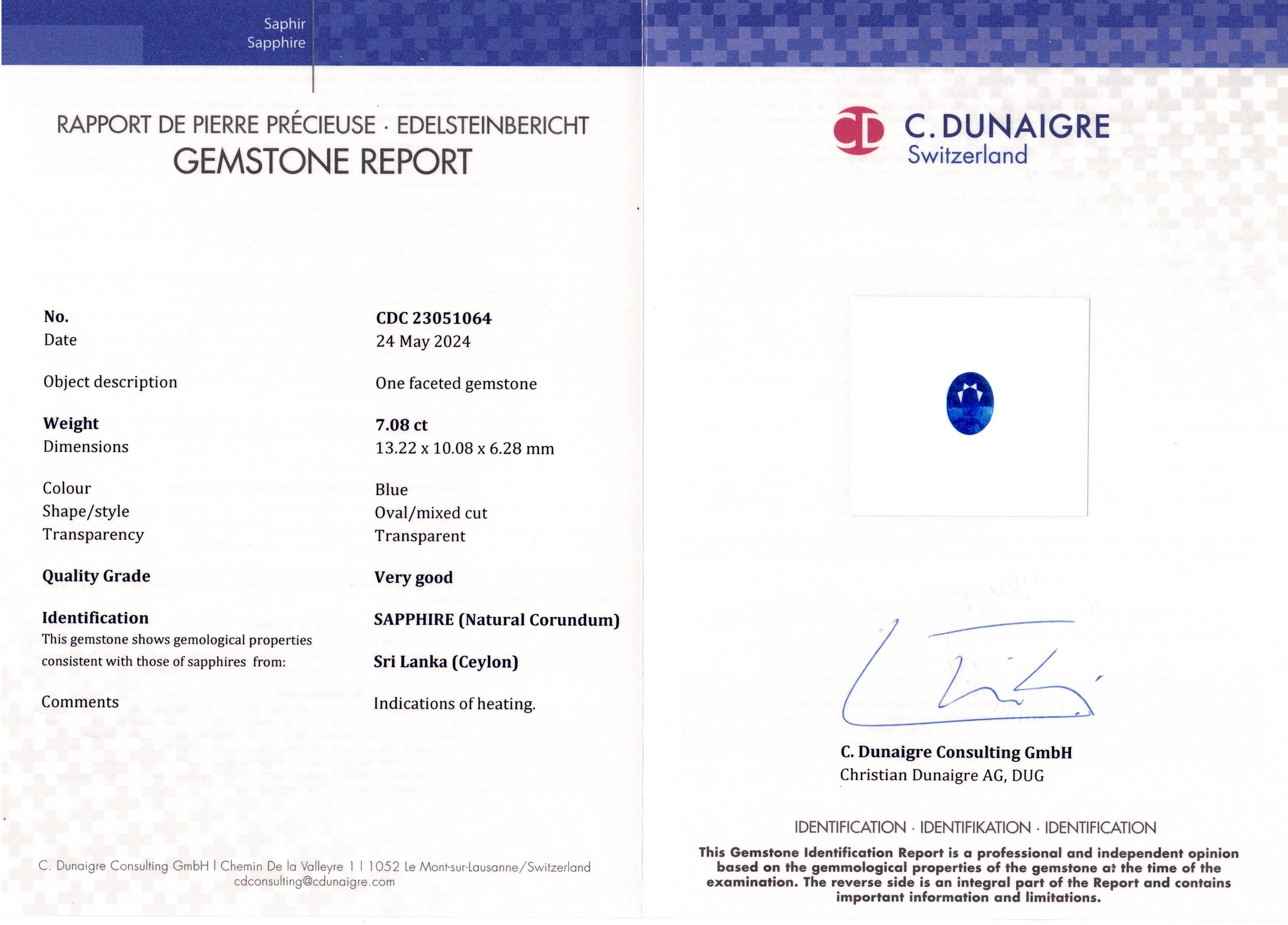 7.08 Ct. Blue Sapphire from Ceylon (Sri Lanka)
