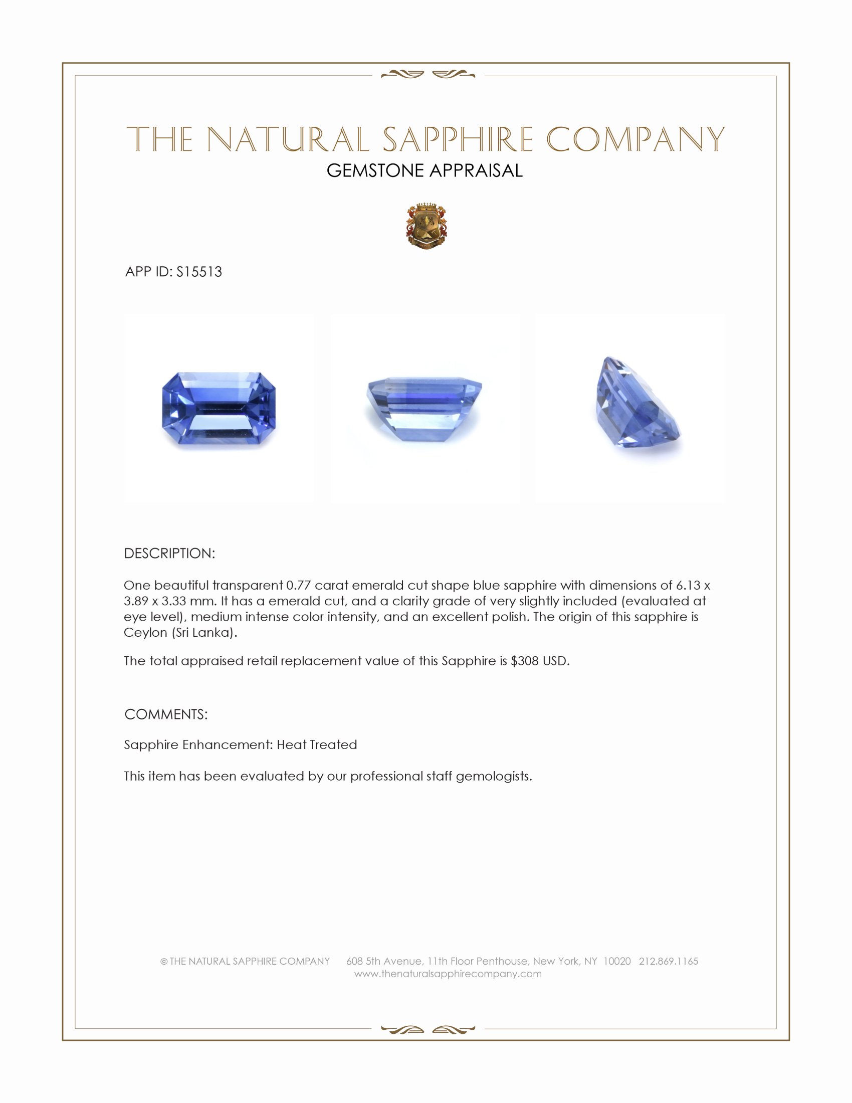 0.77 Ct. Blue Sapphire from Ceylon (Sri Lanka)