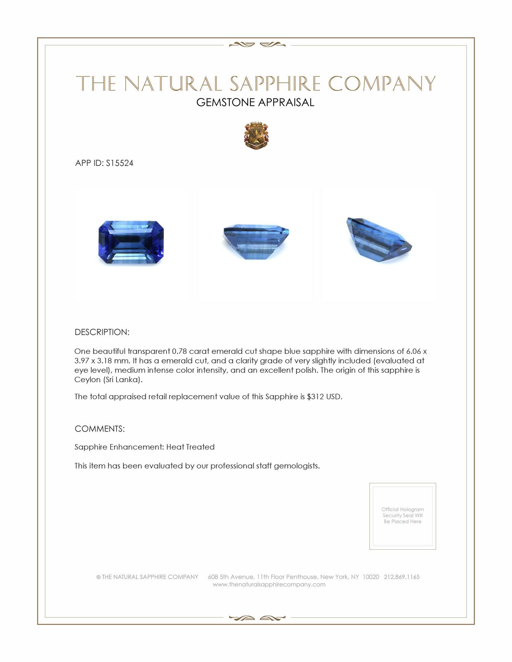 0.78 Ct. Blue Sapphire from Ceylon (Sri Lanka)