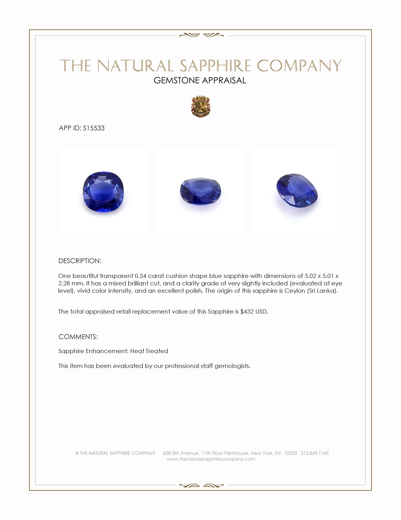 0.54 Ct. Blue Sapphire from Ceylon (Sri Lanka)
