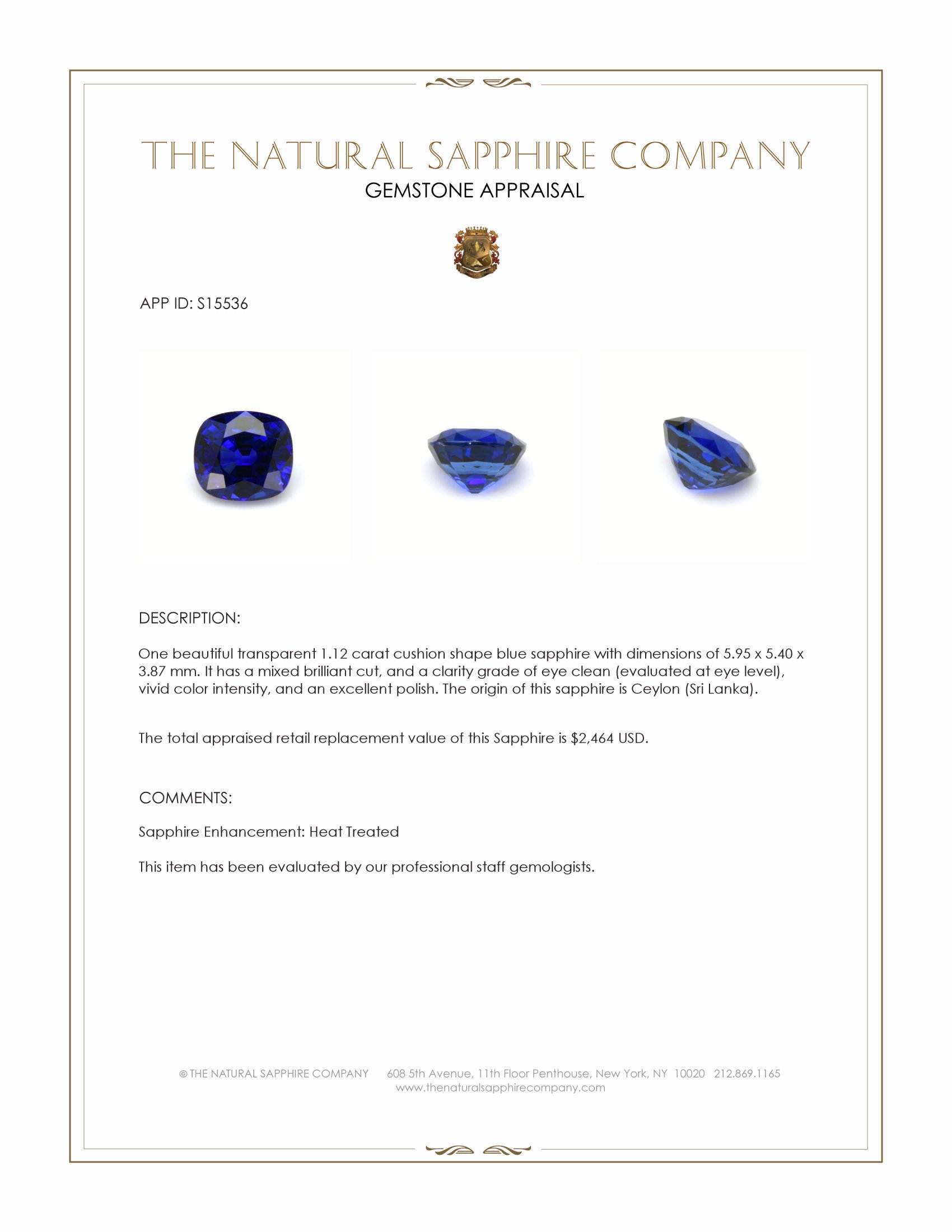 1.12 Ct. Blue Sapphire from Ceylon (Sri Lanka)