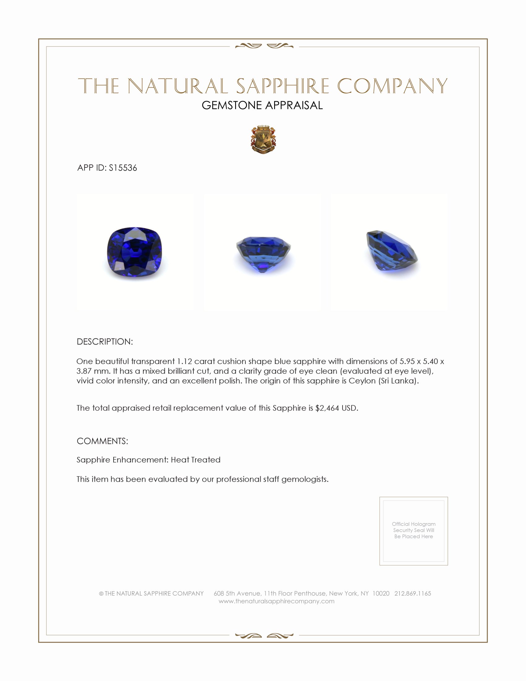 1.12 Ct. Blue Sapphire from Ceylon (Sri Lanka)