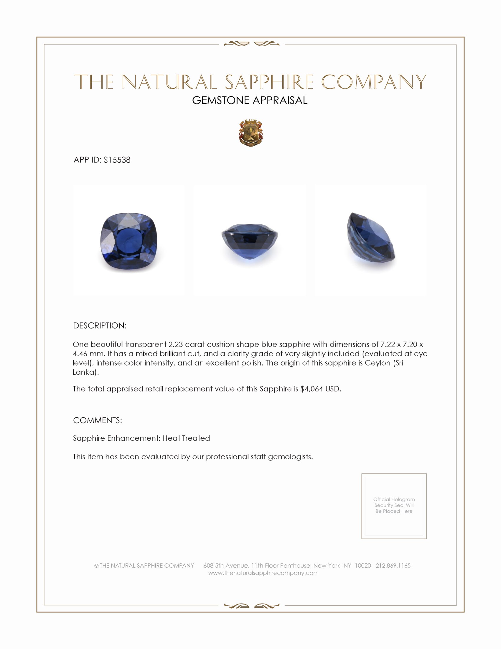 2.23 Ct. Blue Sapphire from Ceylon (Sri Lanka)