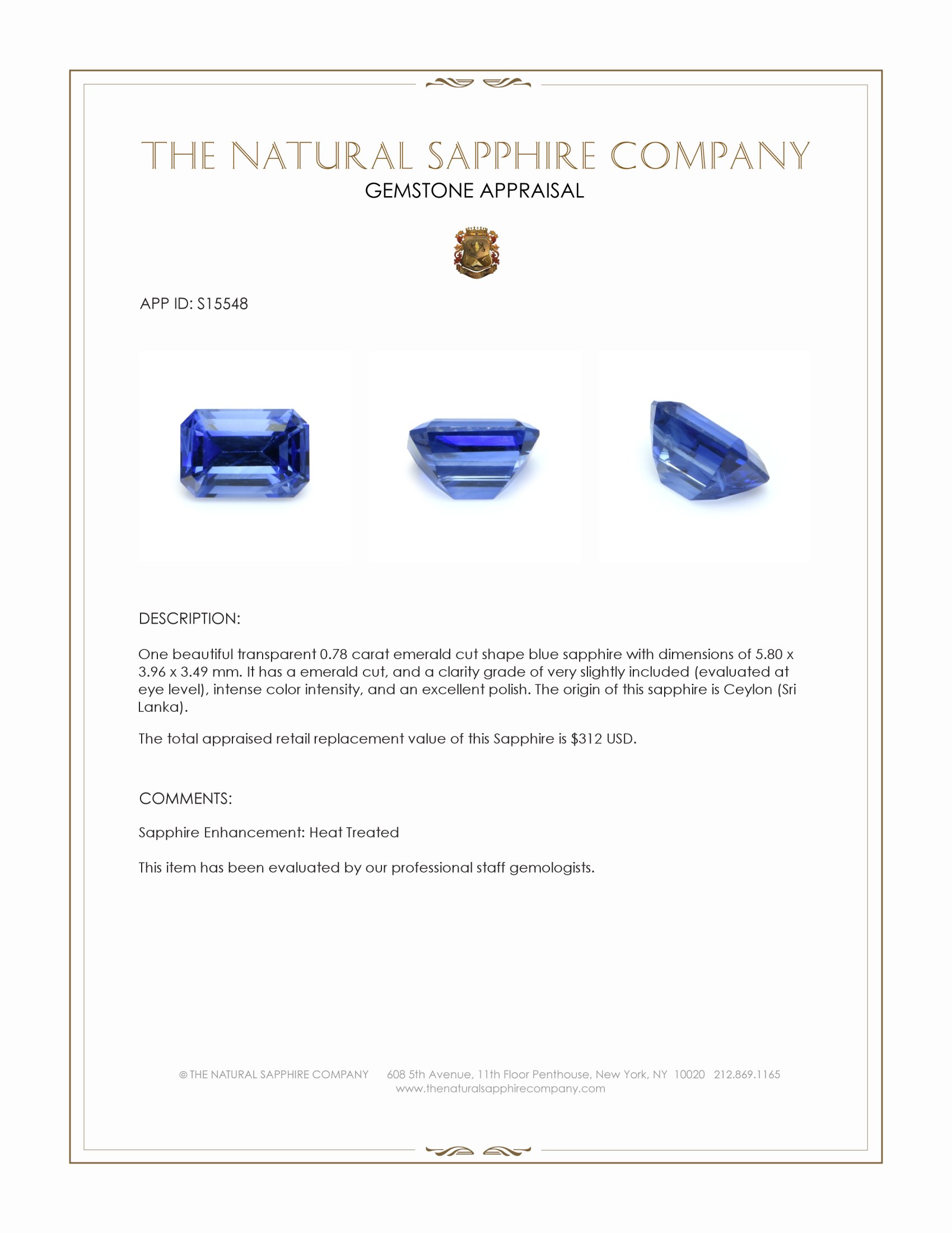 0.78 Ct. Blue Sapphire from Ceylon (Sri Lanka)