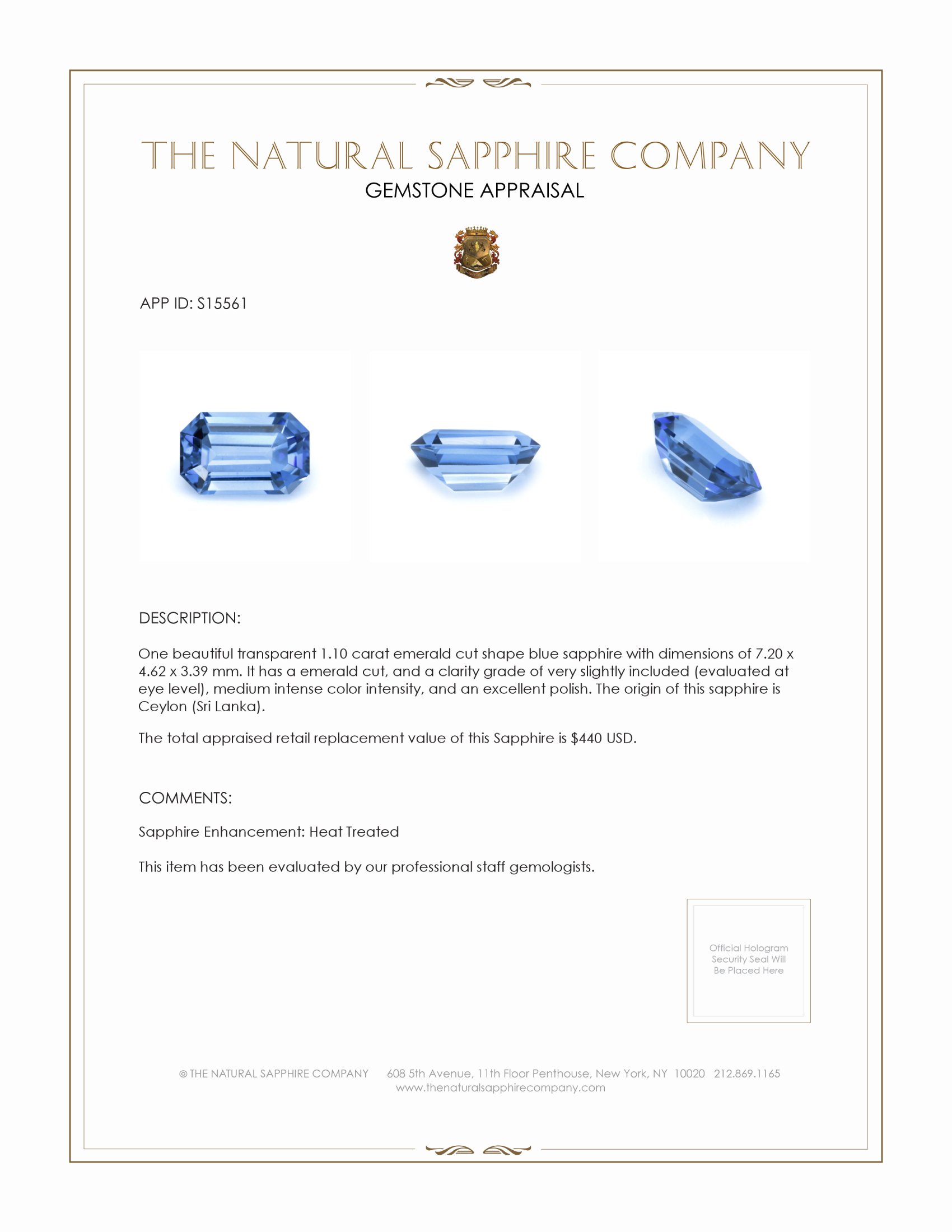 1.10 Ct. Blue Sapphire from Ceylon (Sri Lanka)