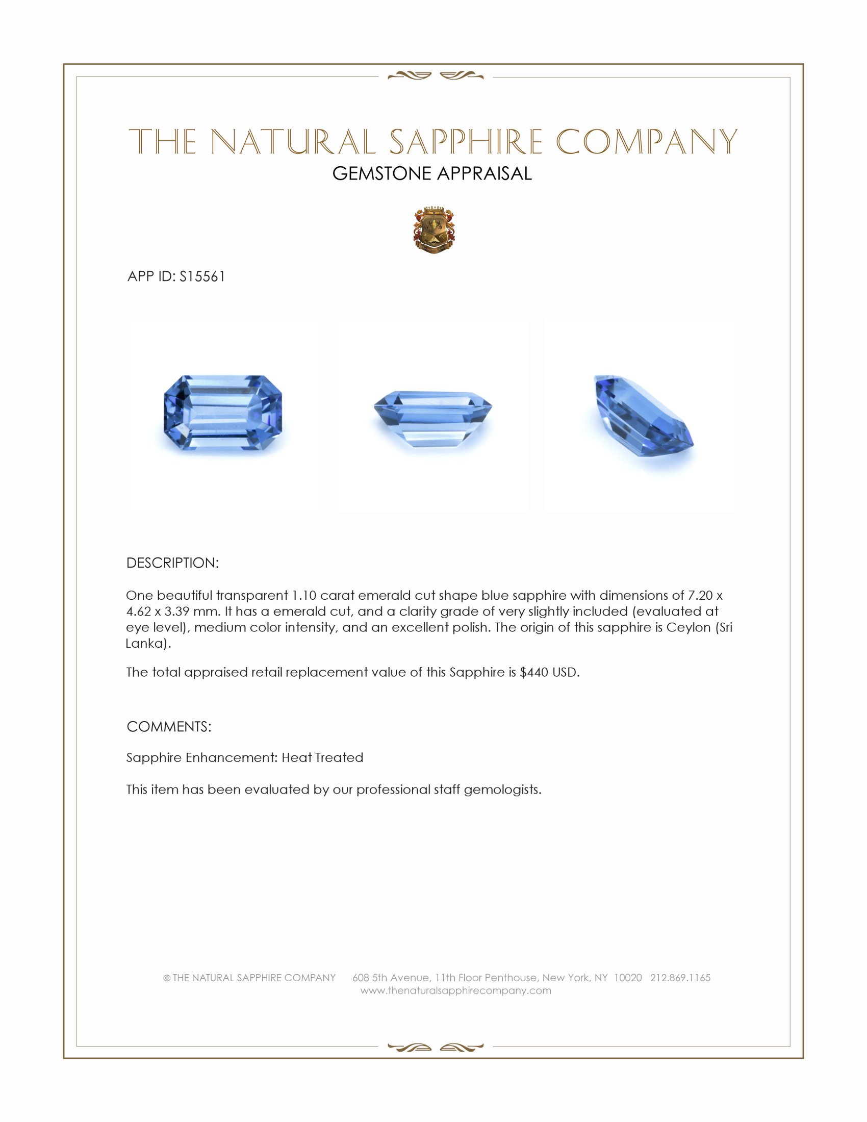 1.10 Ct. Blue Sapphire from Ceylon (Sri Lanka)