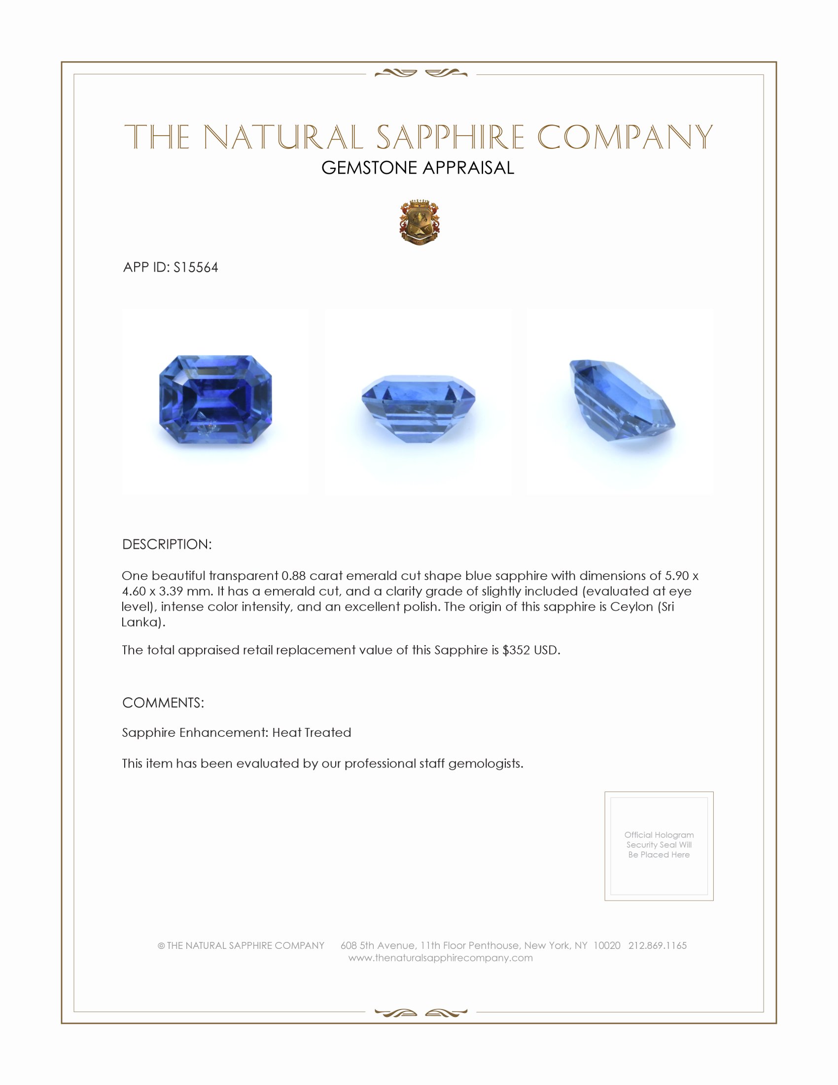 0.88 Ct. Blue Sapphire from Ceylon (Sri Lanka)