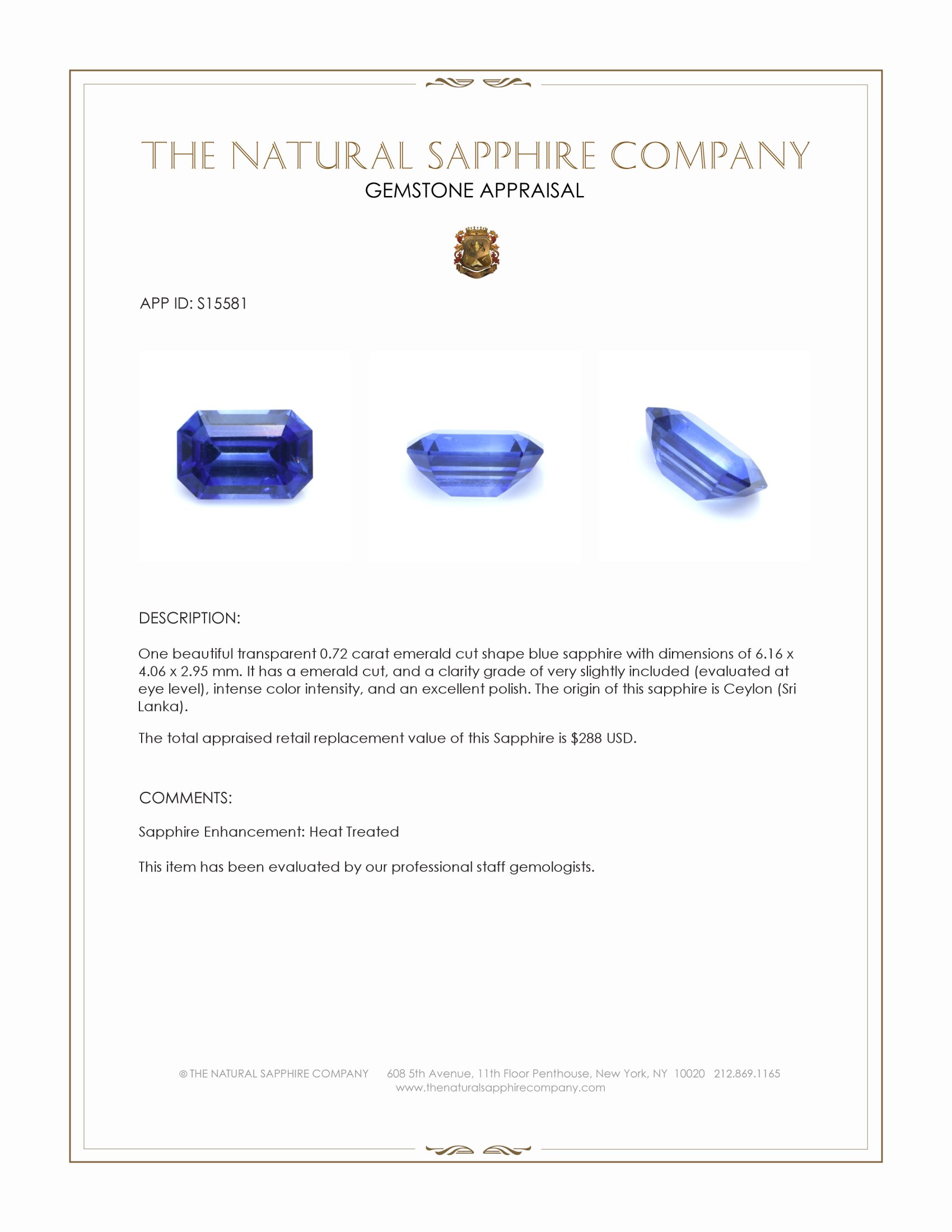 0.72 Ct. Blue Sapphire from Ceylon (Sri Lanka)