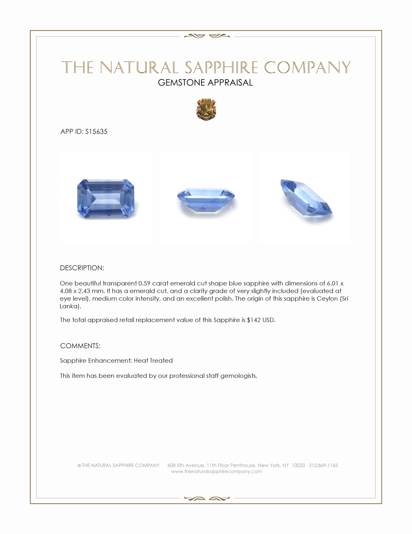 0.59 Ct. Blue Sapphire from Ceylon (Sri Lanka)