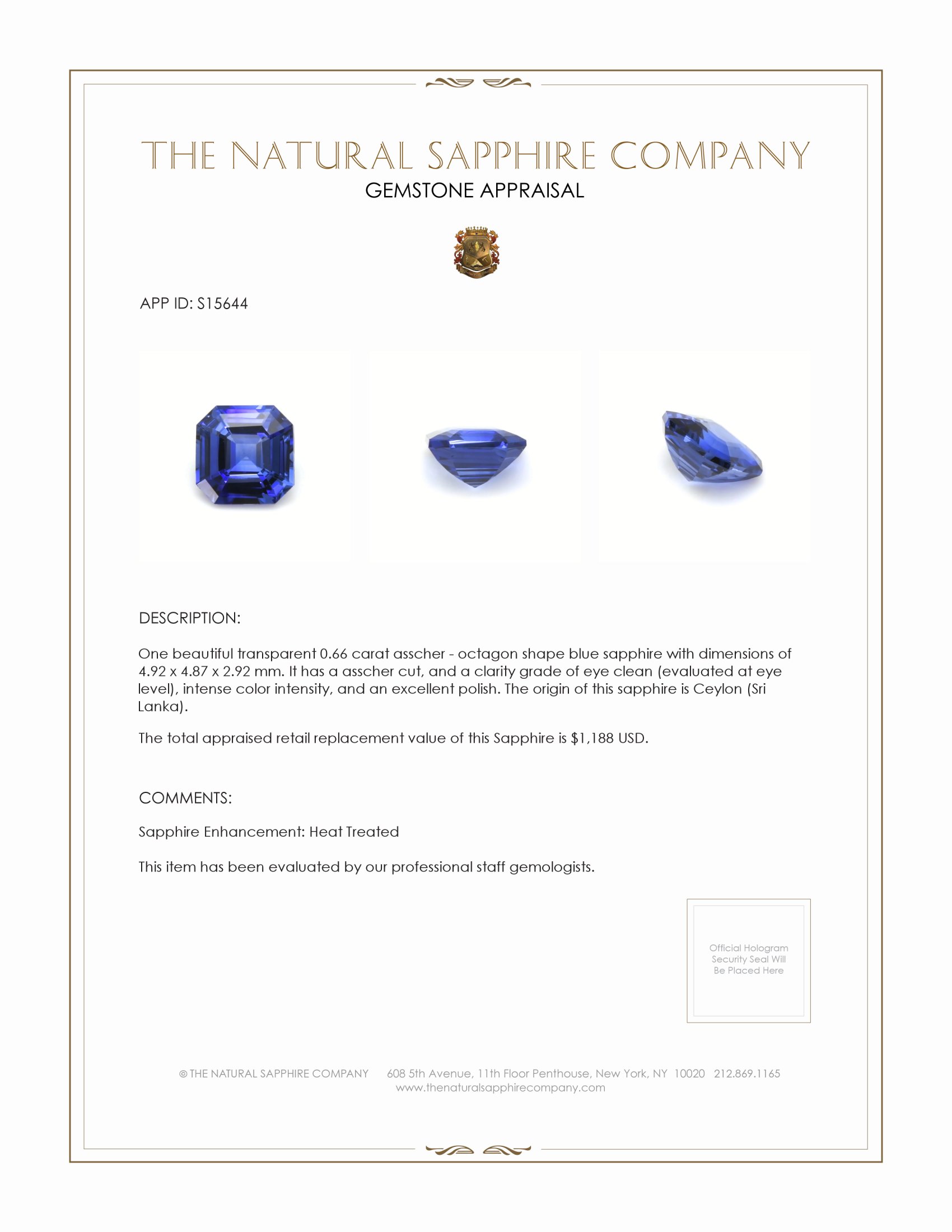 0.66 Ct. Blue Sapphire from Ceylon (Sri Lanka)