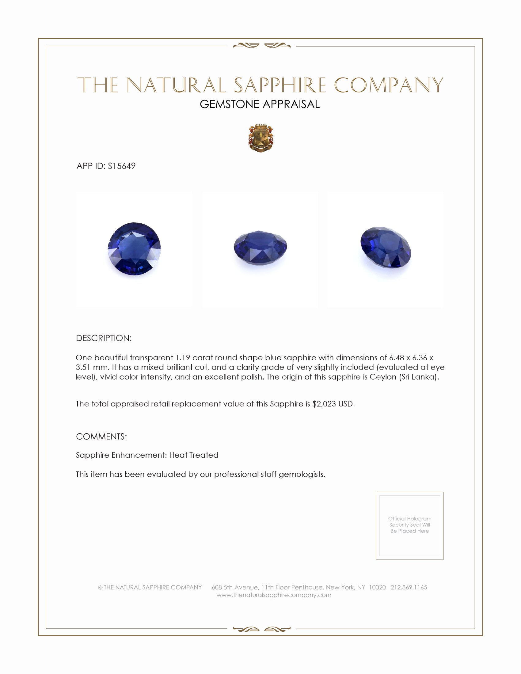 1.19 Ct. Blue Sapphire from Ceylon (Sri Lanka)