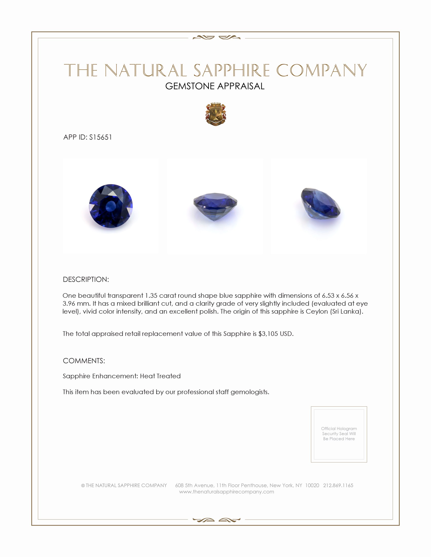 1.35 Ct. Blue Sapphire from Ceylon (Sri Lanka)