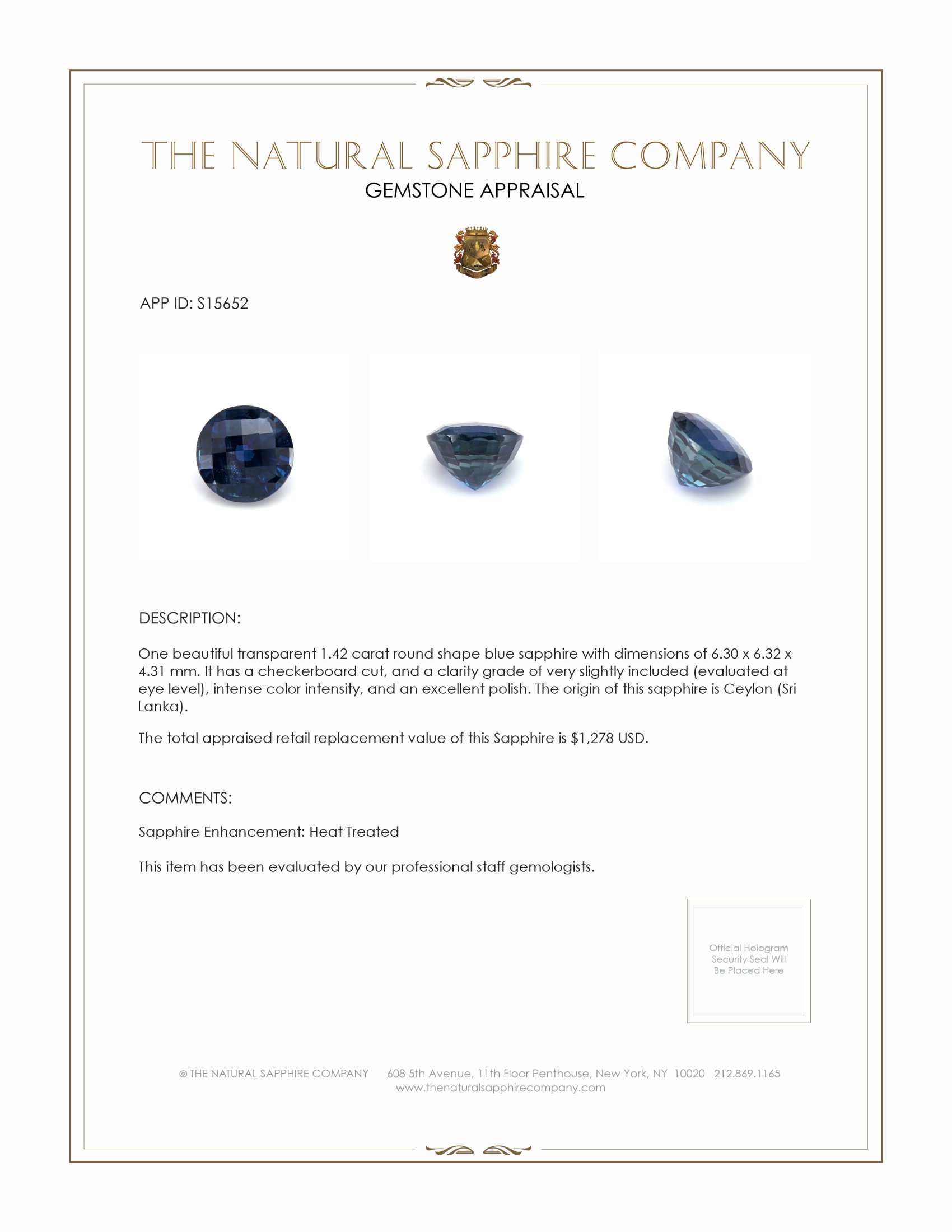 1.42 Ct. Blue Sapphire from Ceylon (Sri Lanka)