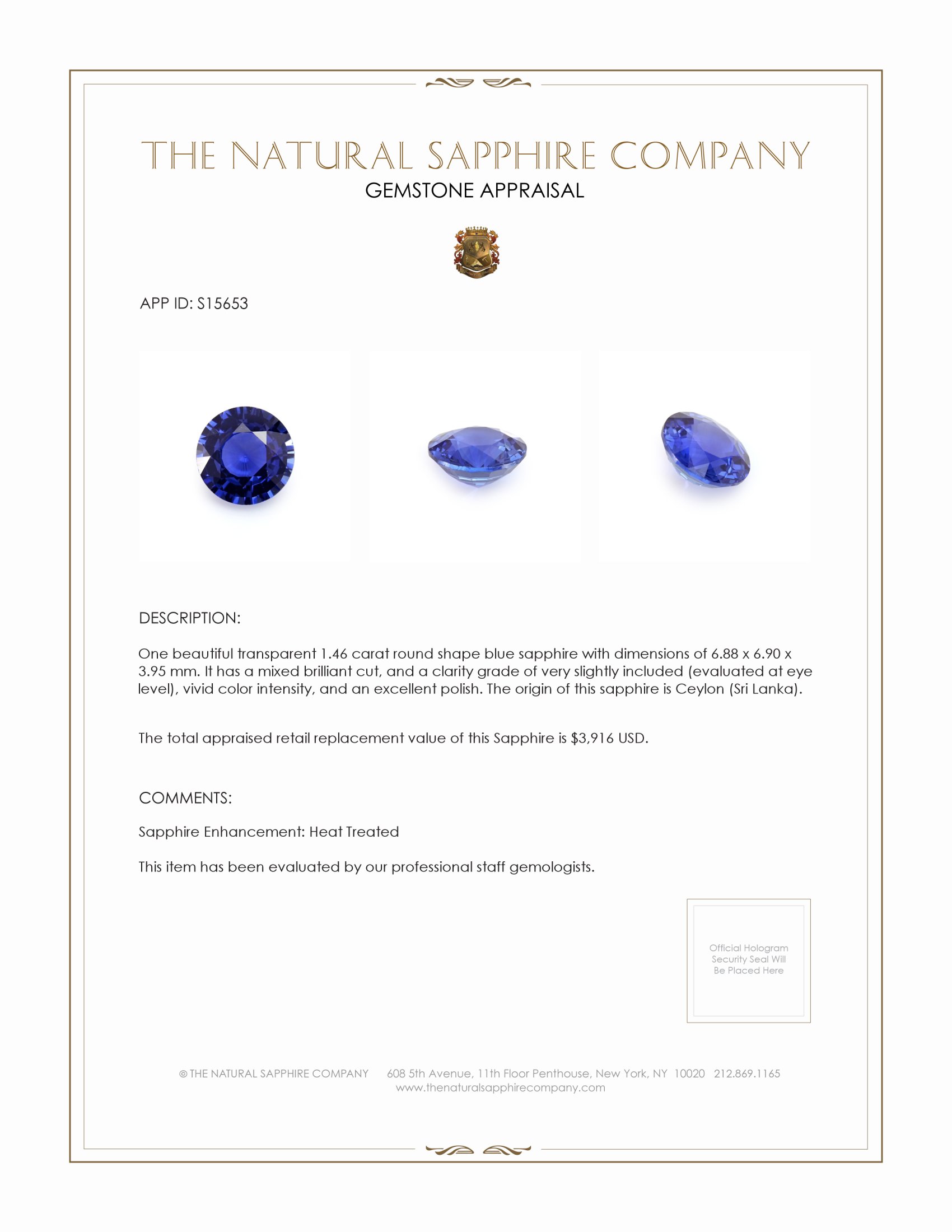 1.46 Ct. Blue Sapphire from Ceylon (Sri Lanka)