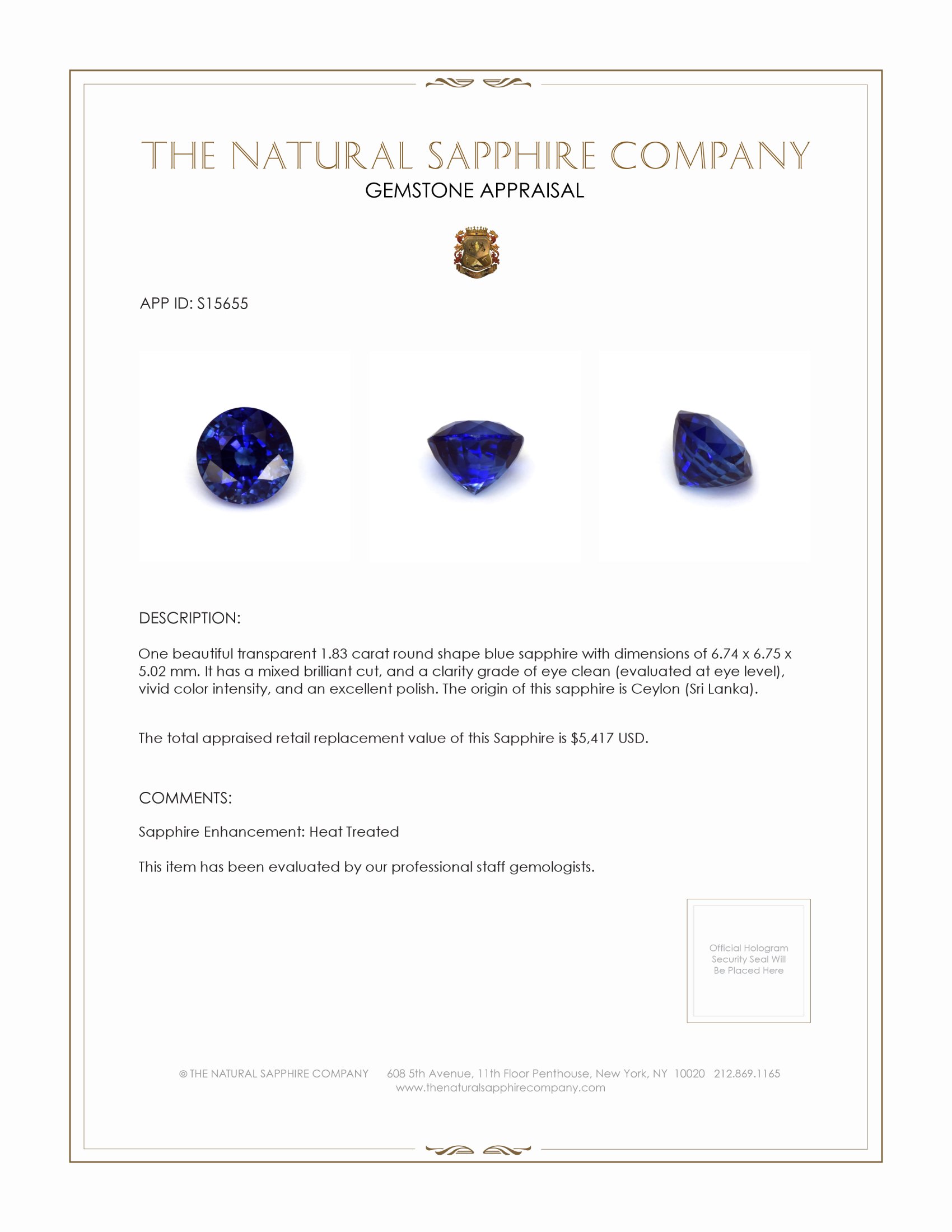 1.83 Ct. Blue Sapphire from Ceylon (Sri Lanka)