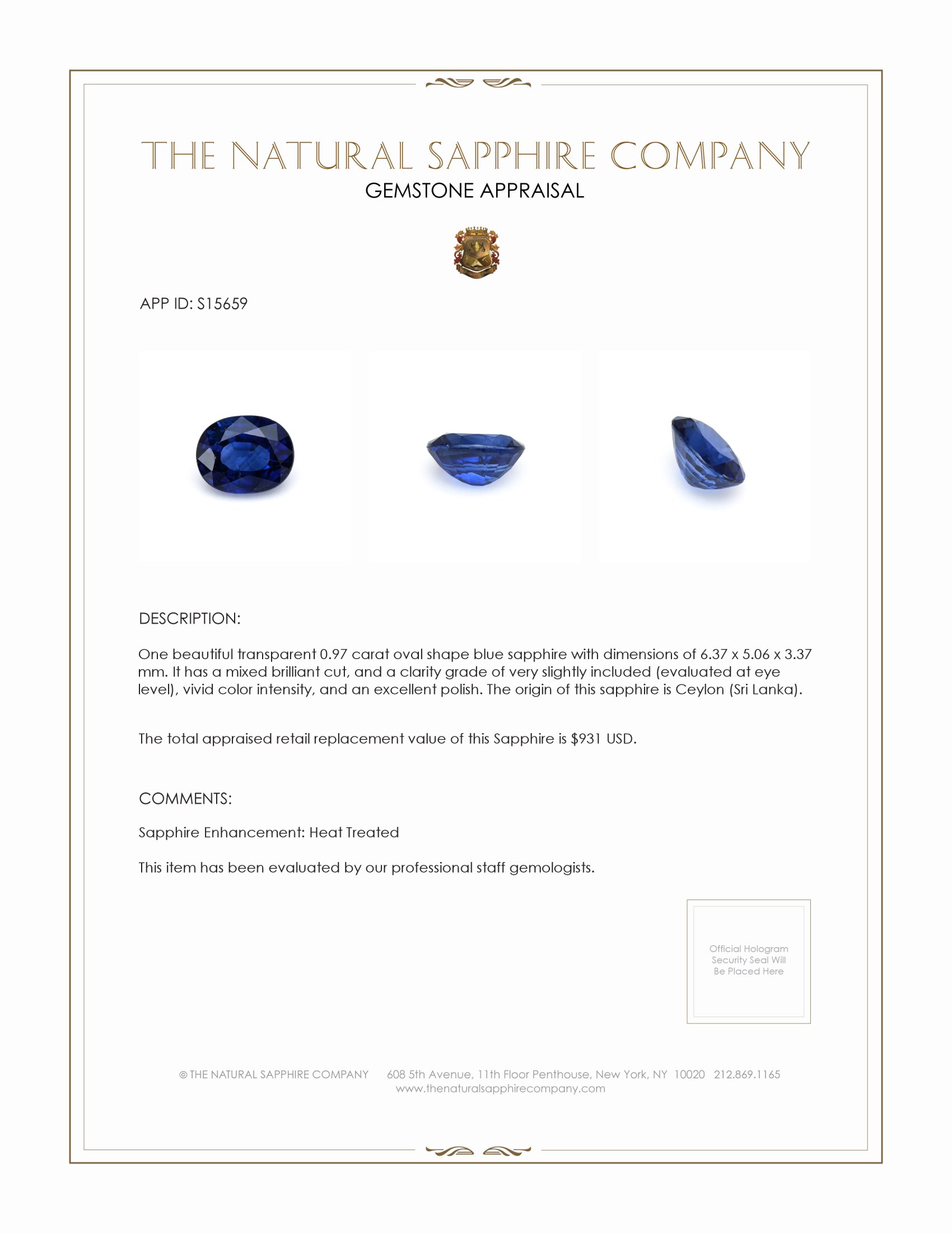 0.97 Ct. Blue Sapphire from Ceylon (Sri Lanka)