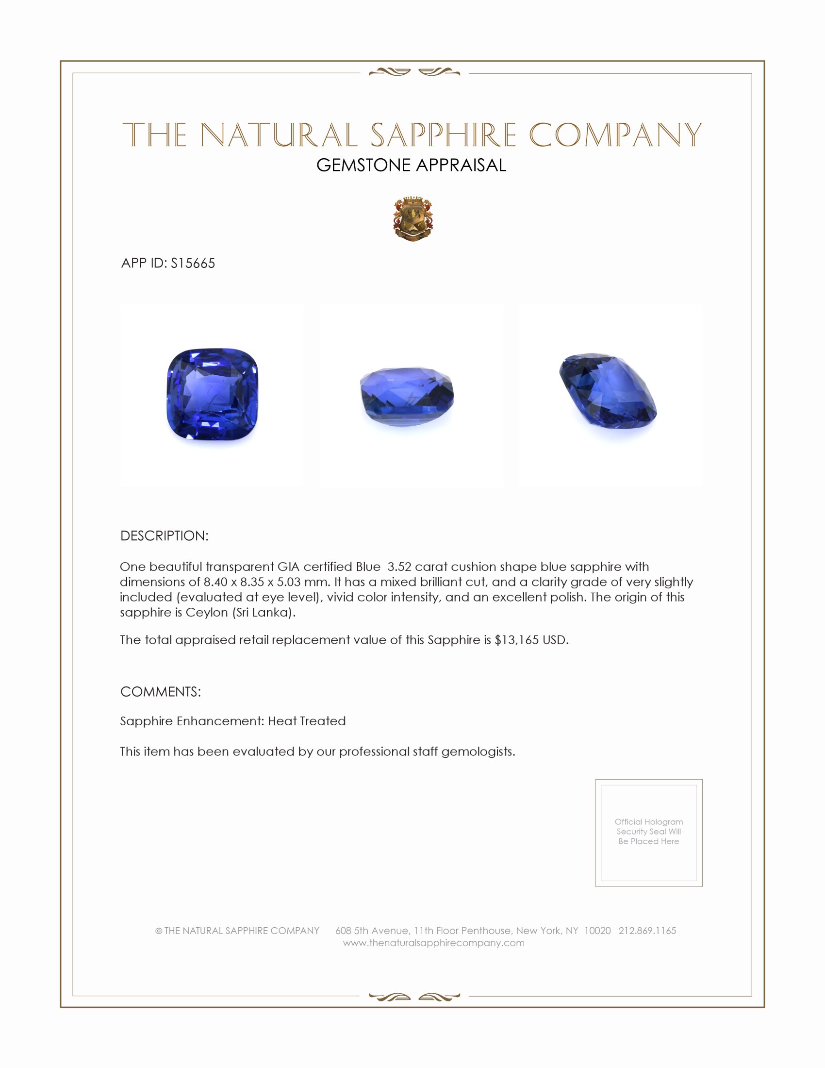 3.52 Ct. Blue Sapphire from Ceylon (Sri Lanka)