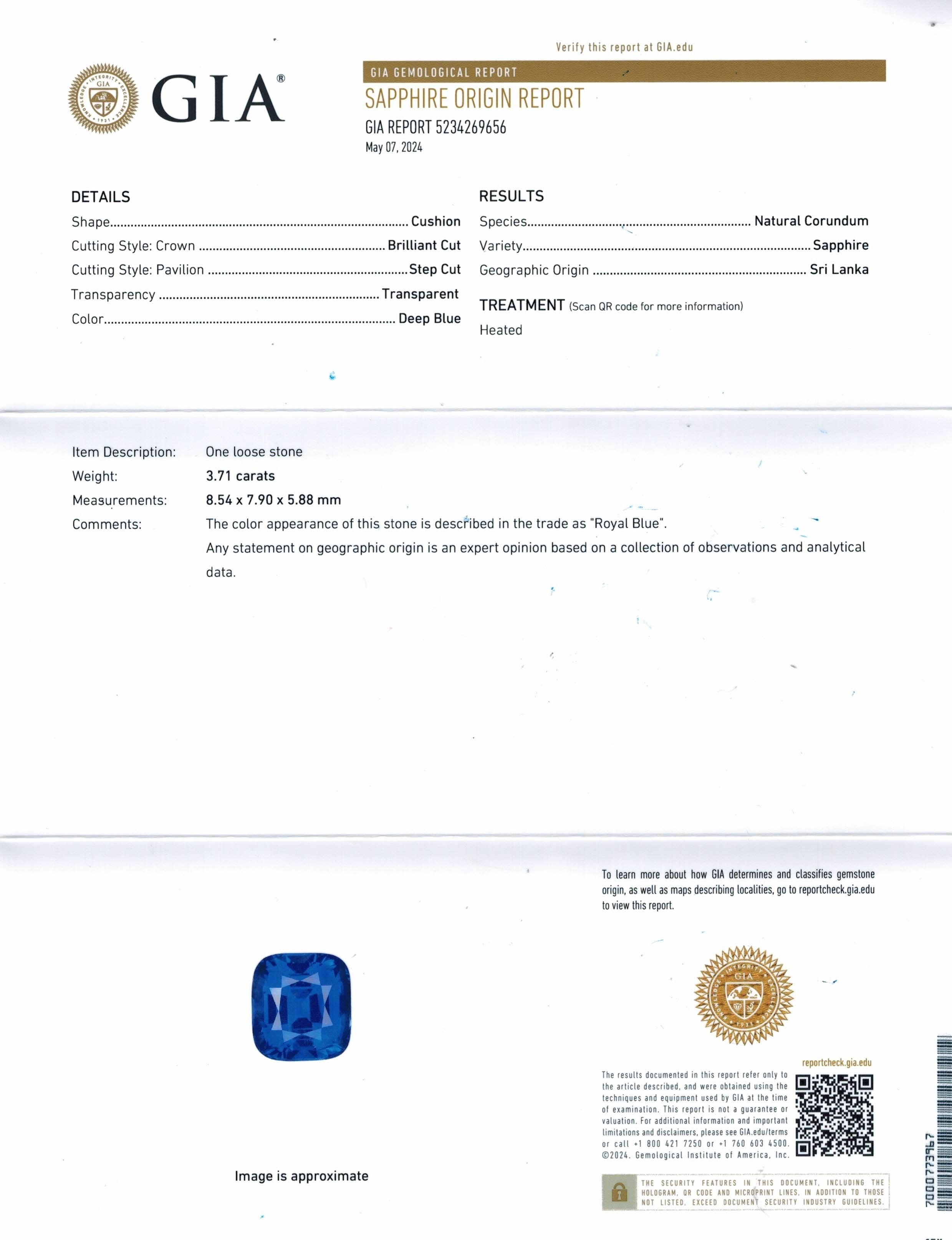 3.71 Ct. Blue Sapphire from Ceylon (Sri Lanka)