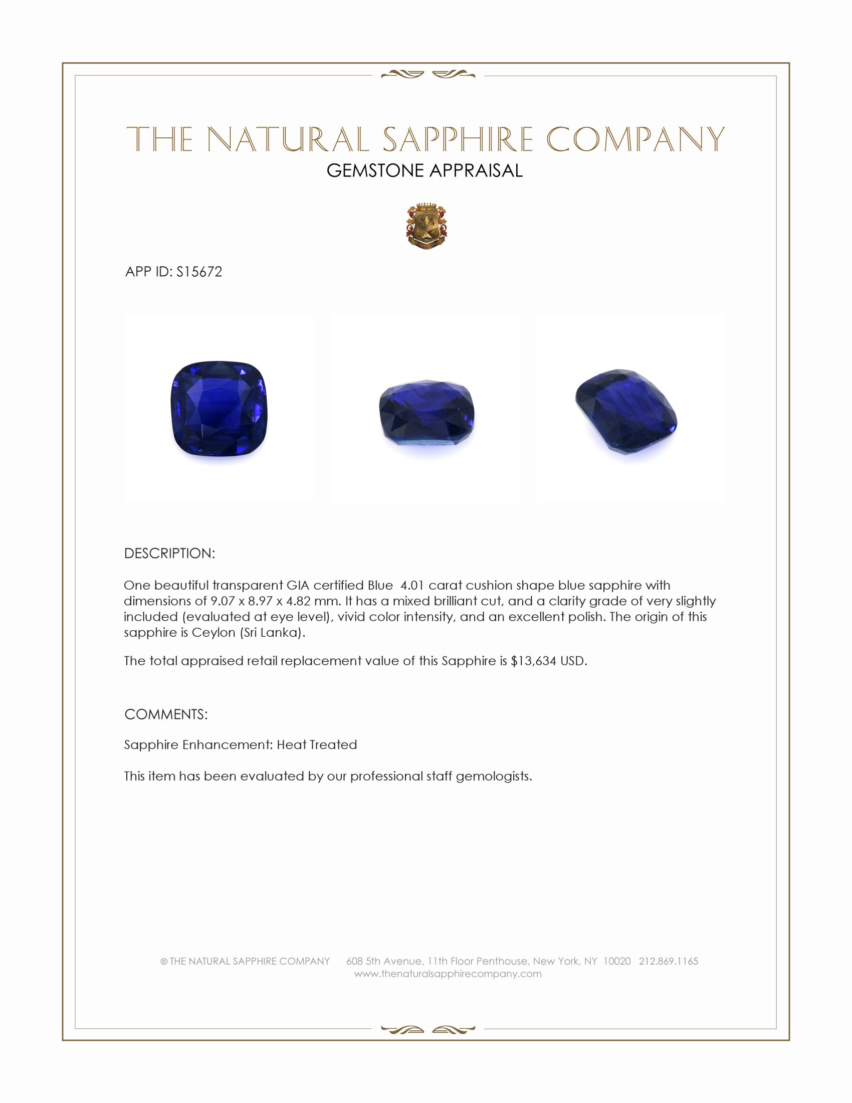 4.01 Ct. Blue Sapphire from Ceylon (Sri Lanka)