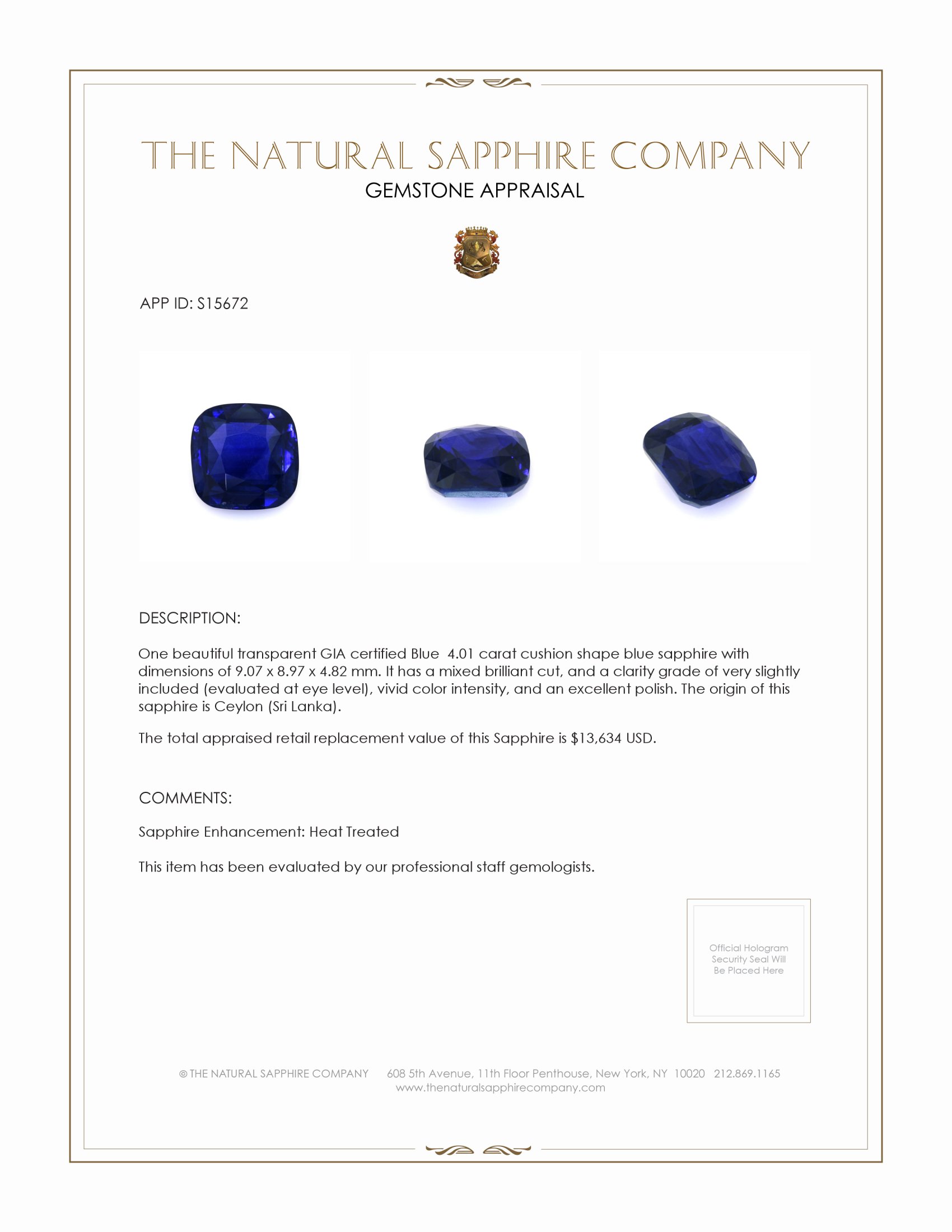 4.01 Ct. Blue Sapphire from Ceylon (Sri Lanka)