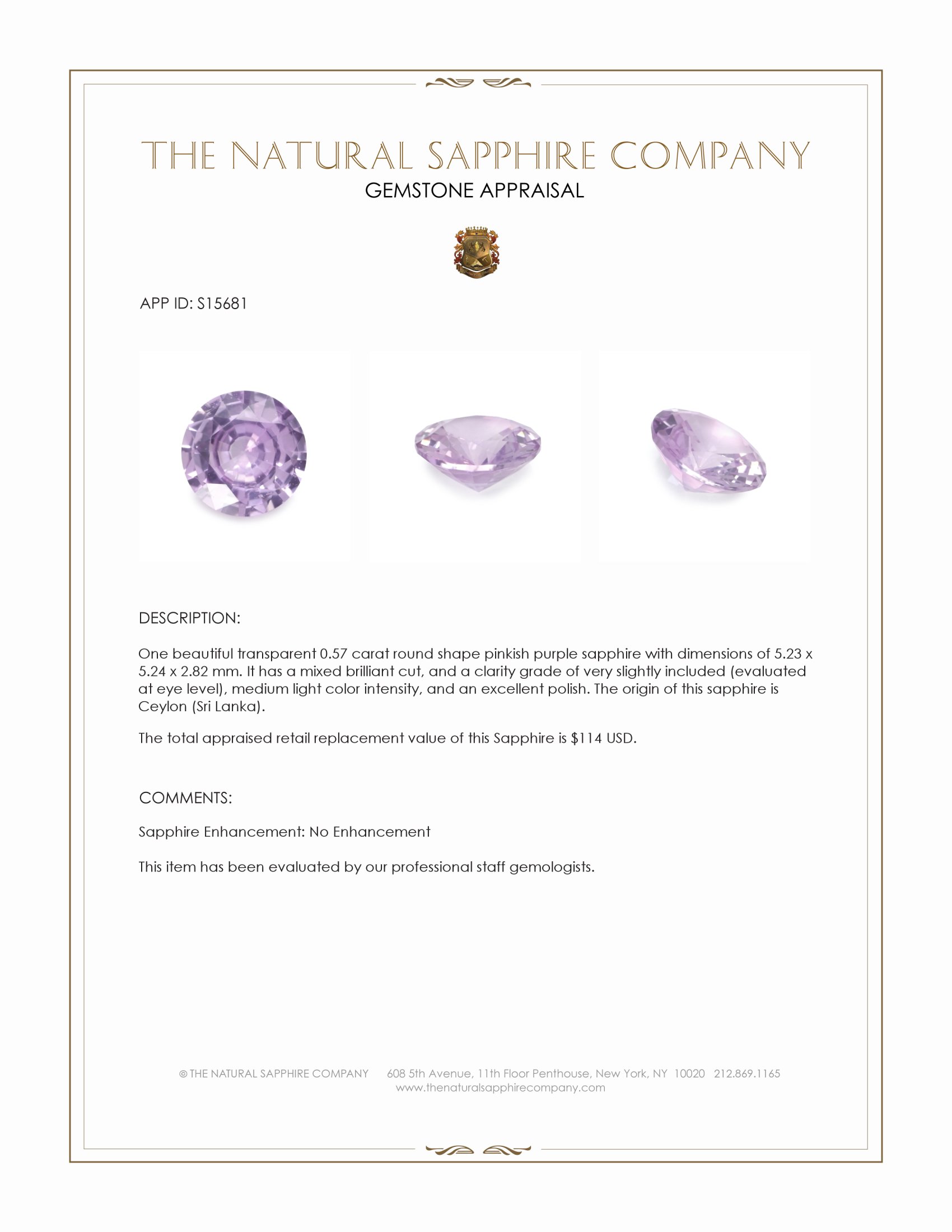 0.57 Ct. Pinkish Purple Sapphire from Ceylon (Sri Lanka)