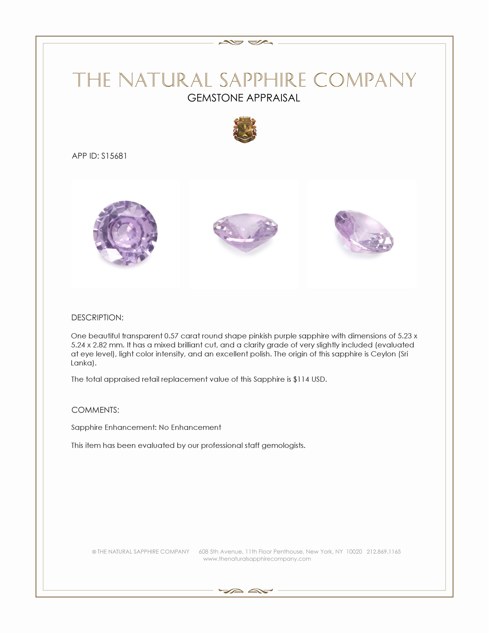 0.57 Ct. Pinkish Purple Sapphire from Ceylon (Sri Lanka)