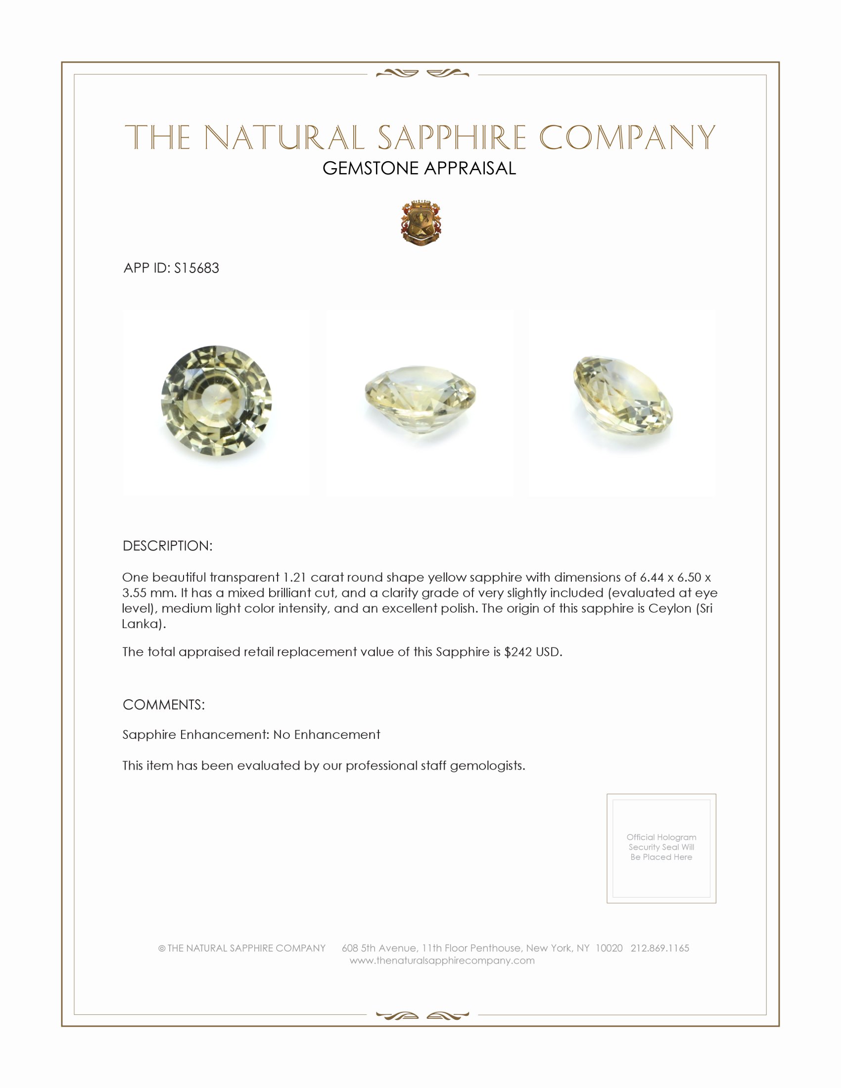1.21 Ct. Yellow Sapphire from Ceylon (Sri Lanka)