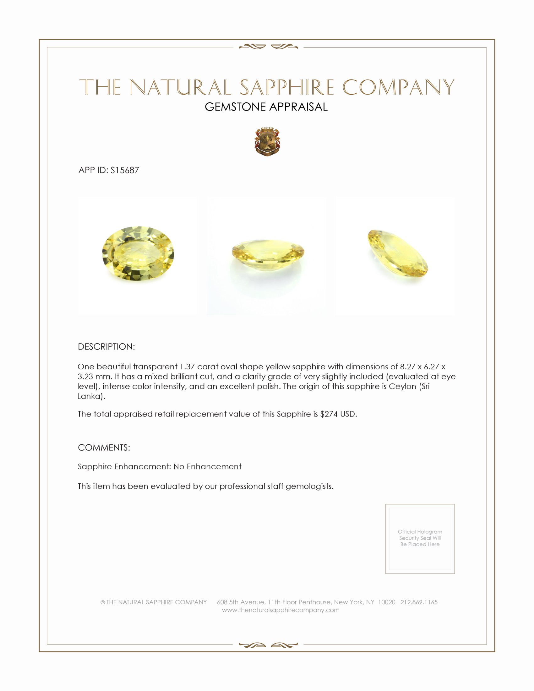 1.37 Ct. Yellow Sapphire from Ceylon (Sri Lanka)
