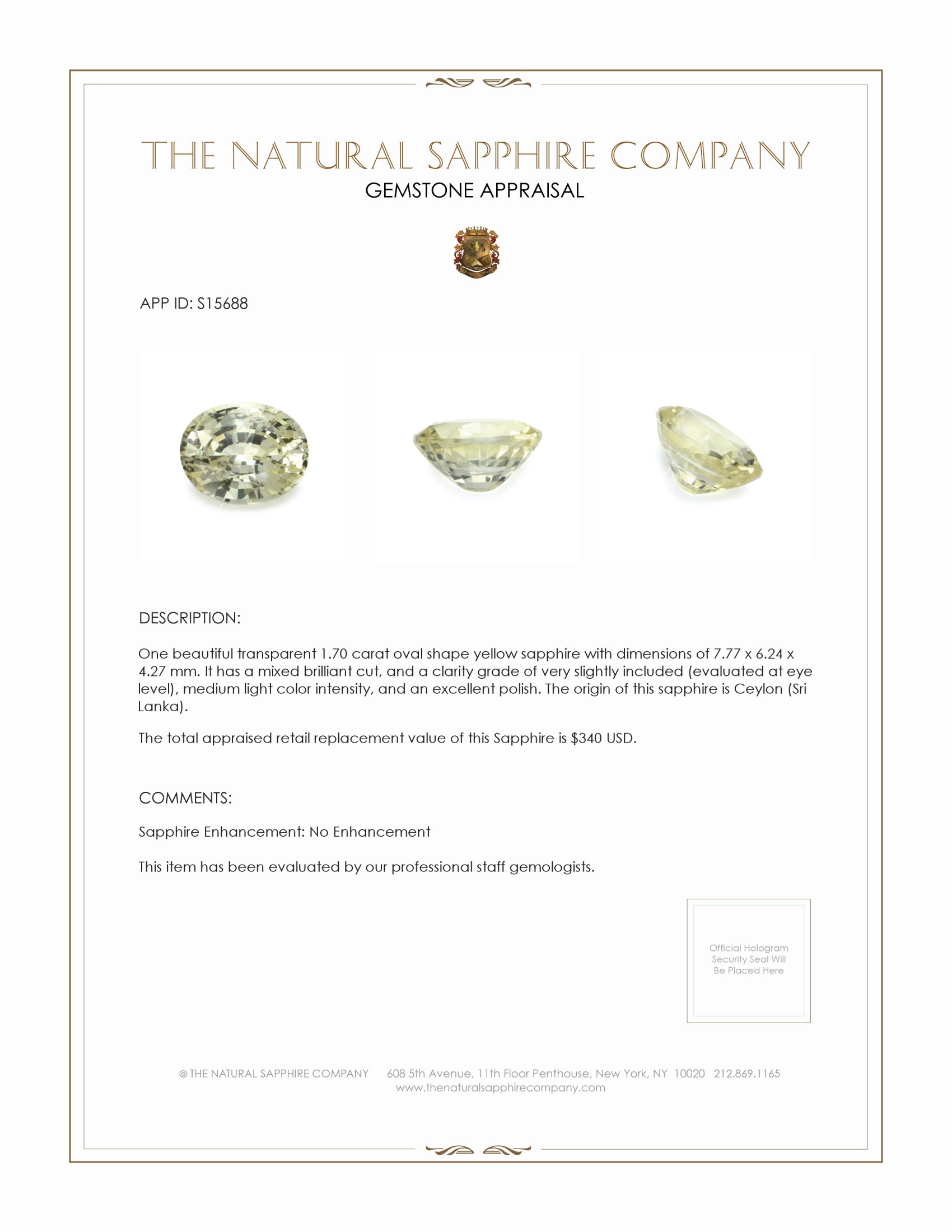 1.70 Ct. Yellow Sapphire from Ceylon (Sri Lanka)