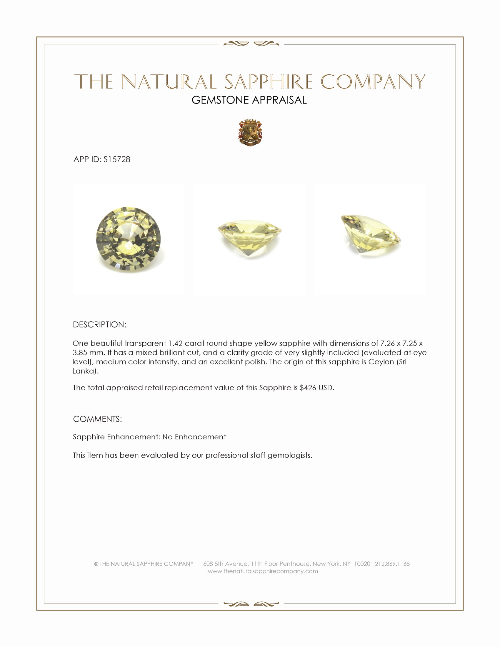 1.42 Ct. Yellow Sapphire from Ceylon (Sri Lanka)