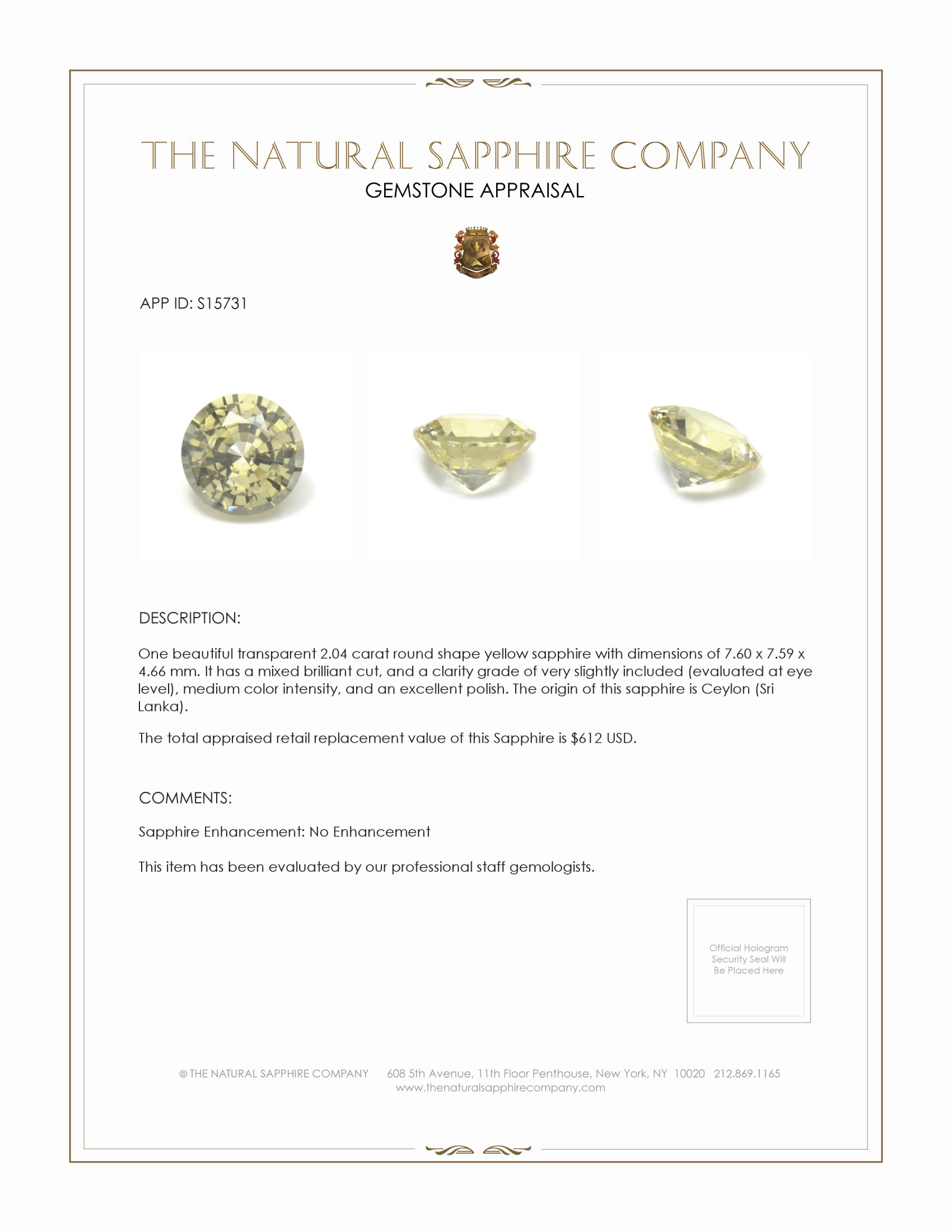 2.04 Ct. Yellow Sapphire from Ceylon (Sri Lanka)