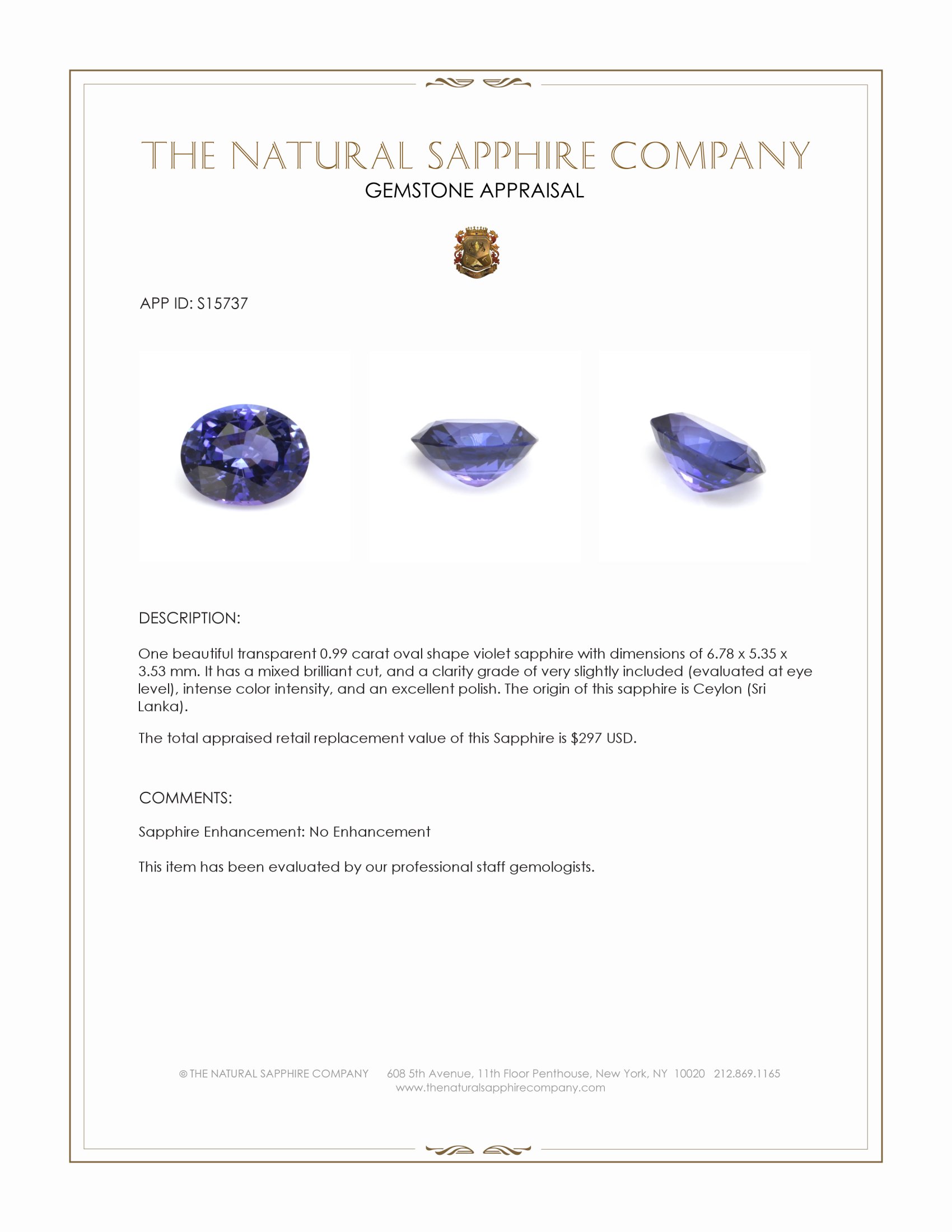 0.99 Ct. Violet Sapphire from Ceylon (Sri Lanka)