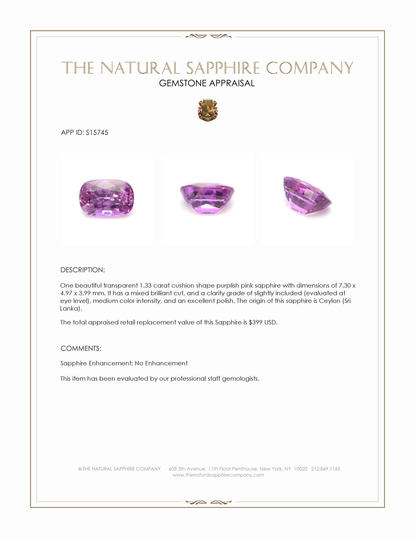 1.33 Ct. Purplish Pink Sapphire from Ceylon (Sri Lanka)
