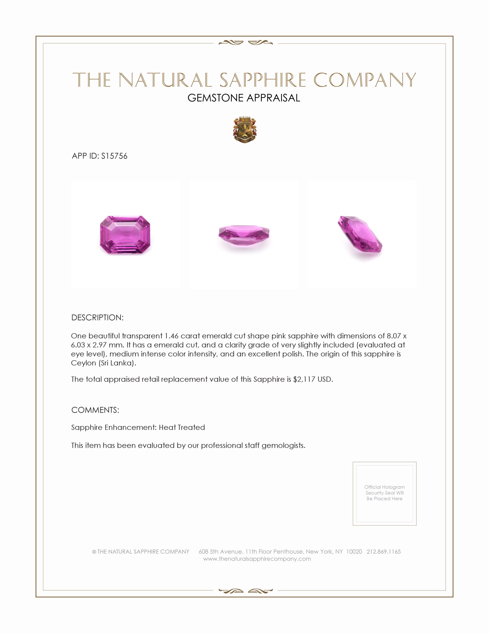 1.46 Ct. Pink Sapphire from Ceylon (Sri Lanka)