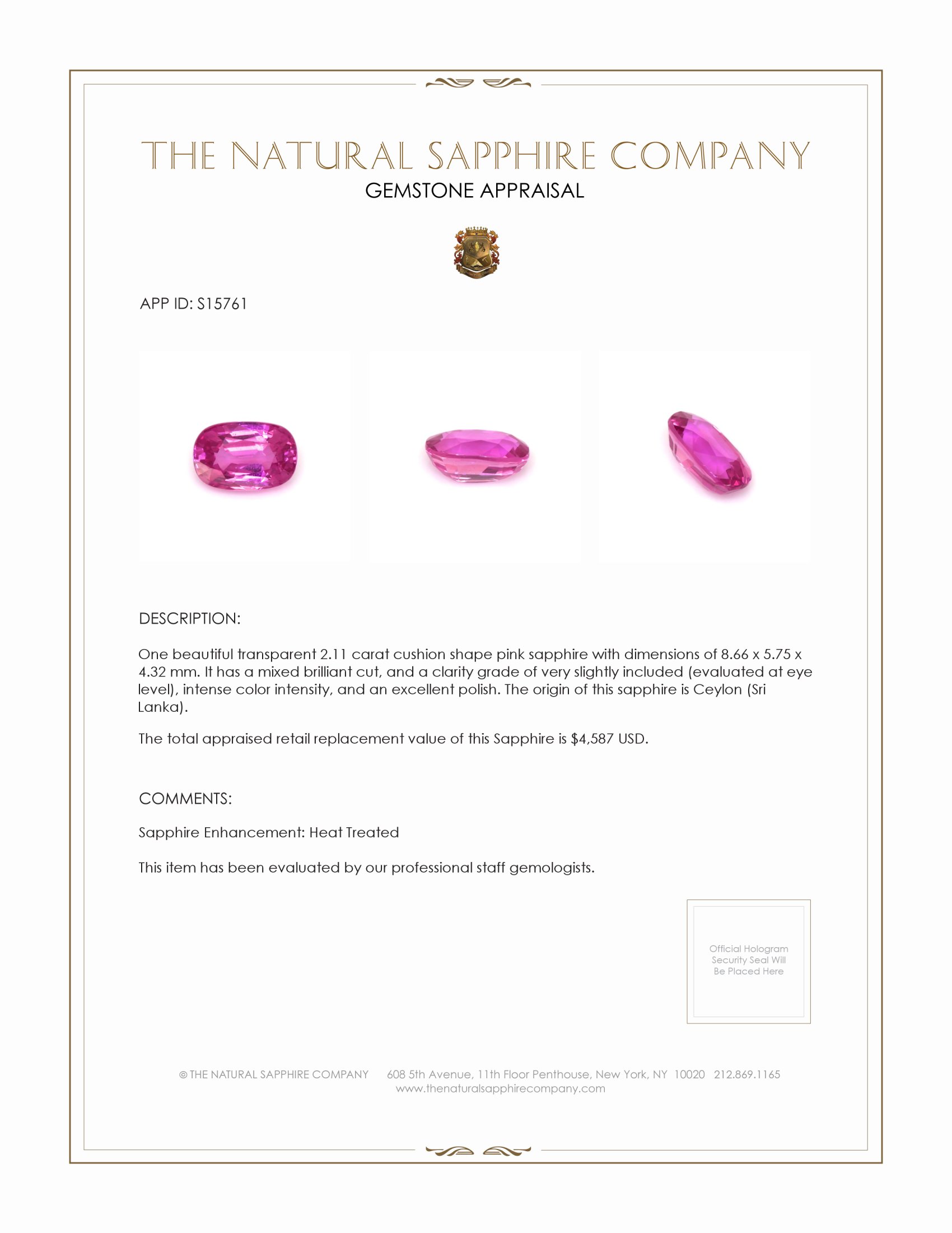 2.11 Ct. Pink Sapphire from Ceylon (Sri Lanka)