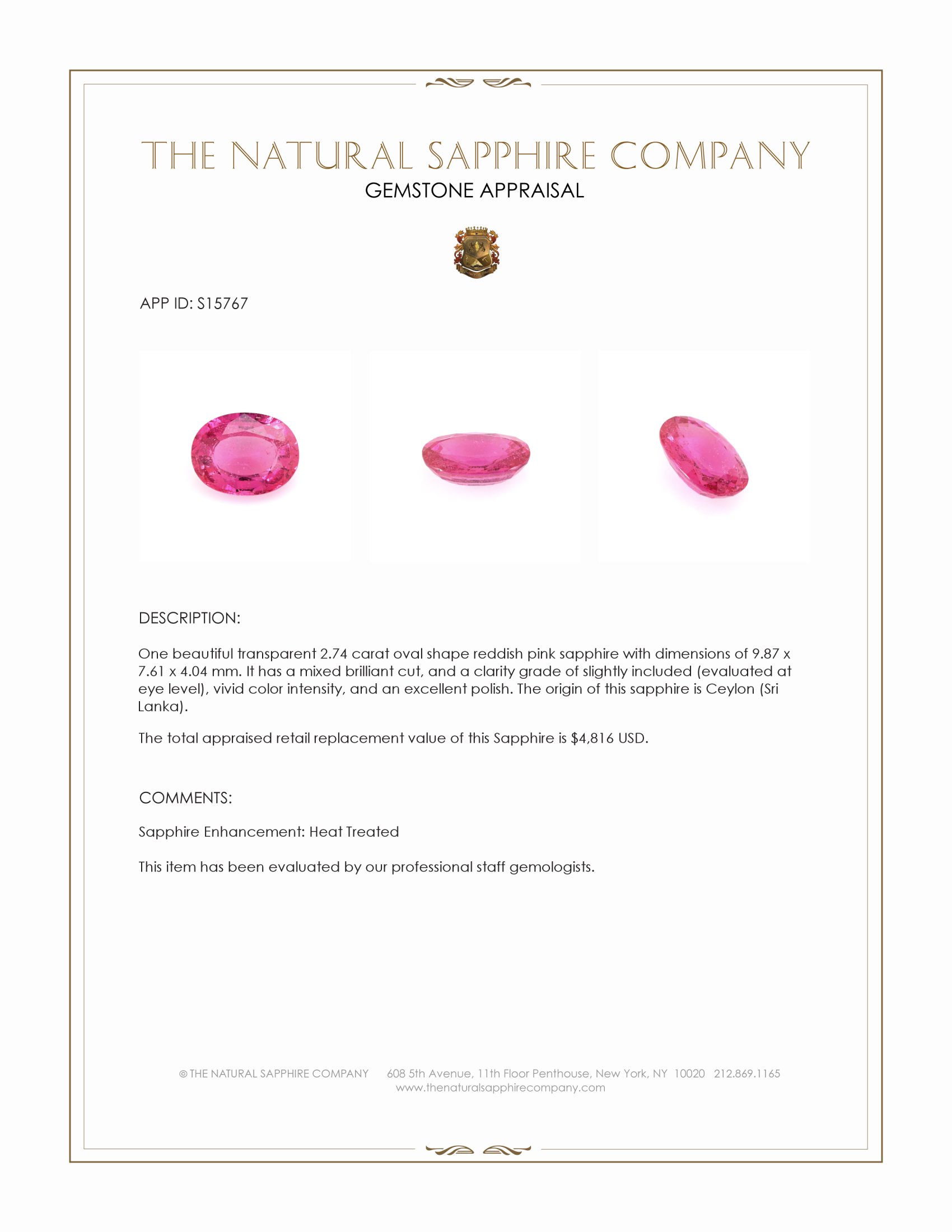 2.74 Ct. Reddish Pink Sapphire from Ceylon (Sri Lanka)