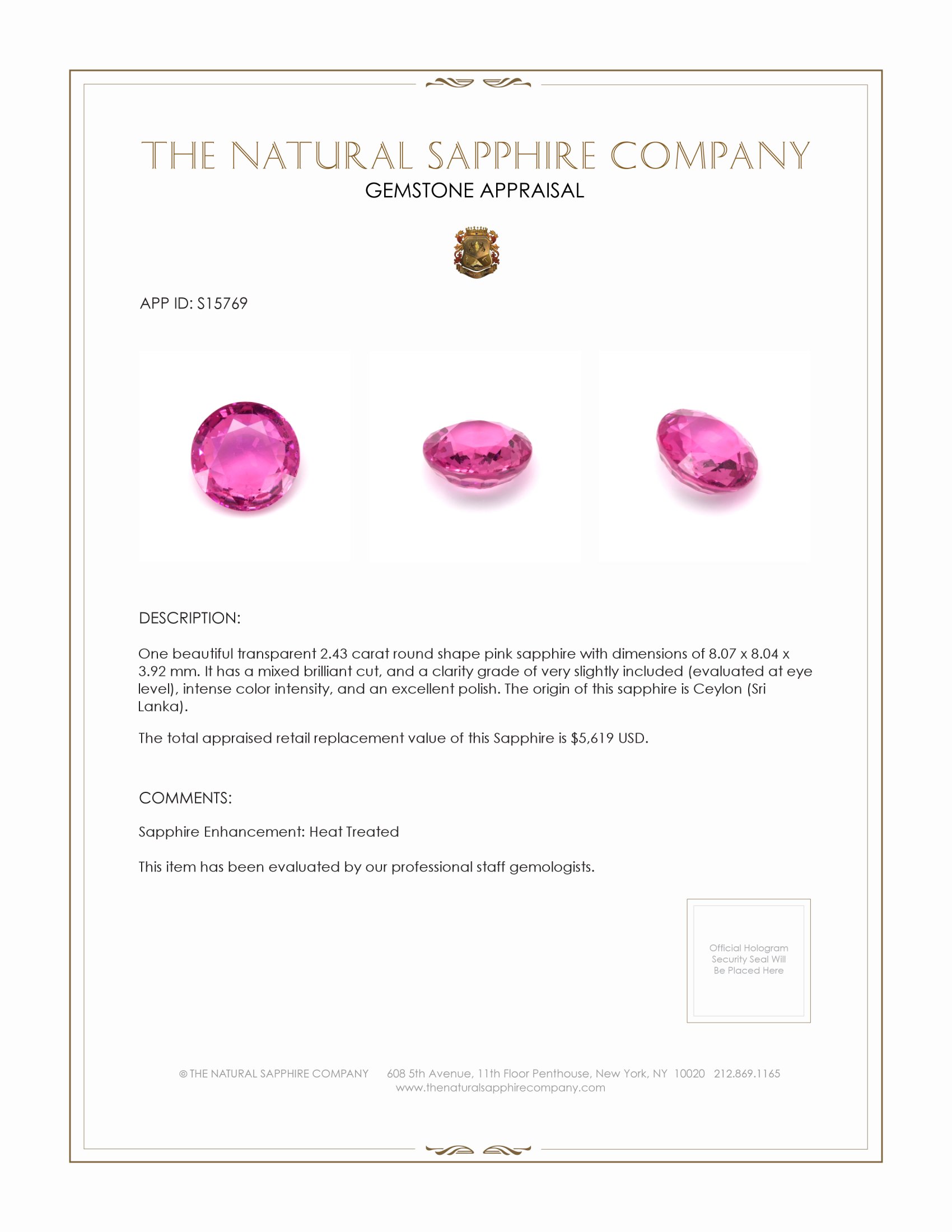 2.43 Ct. Pink Sapphire from Ceylon (Sri Lanka)