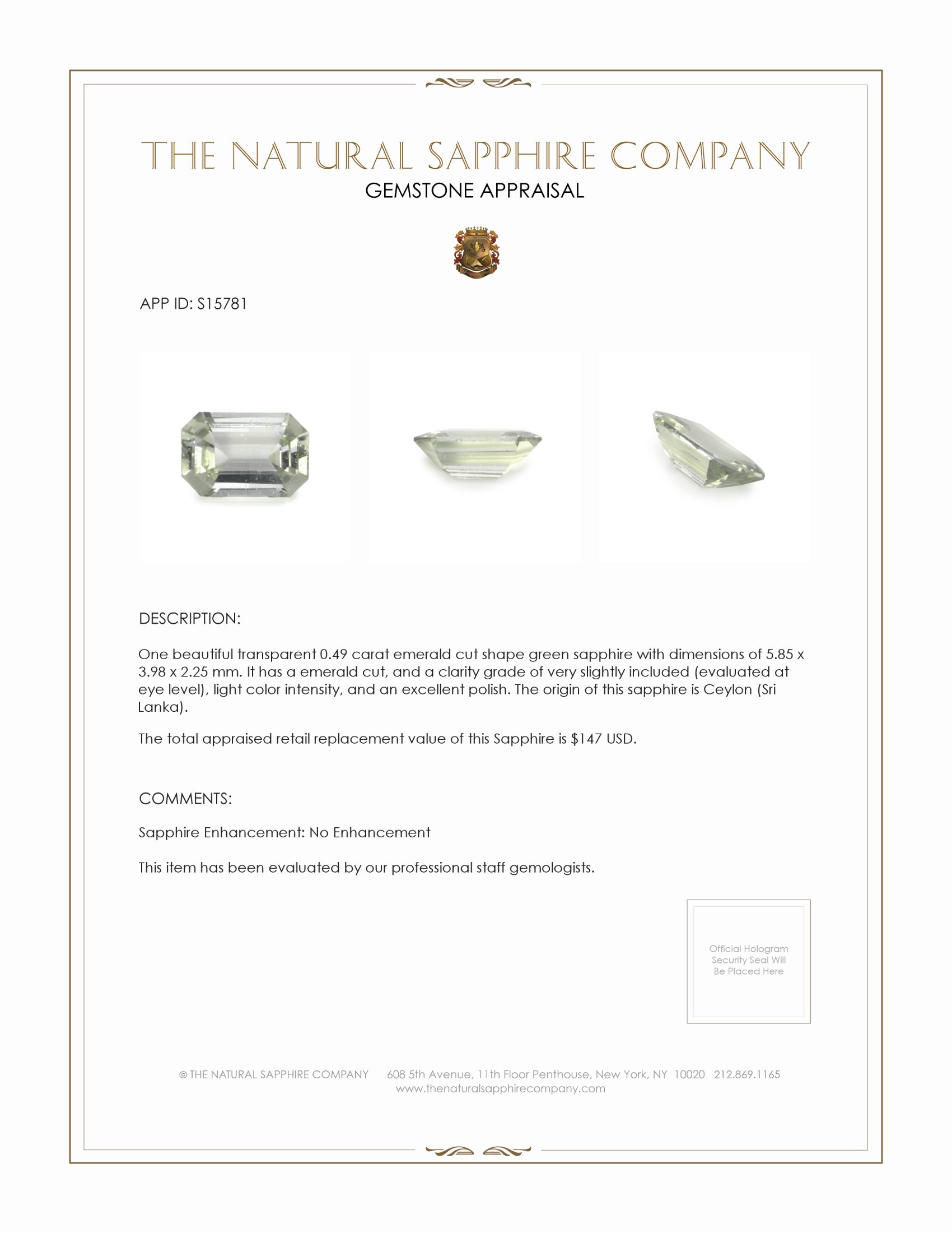 0.49 Ct. Green Sapphire from Ceylon (Sri Lanka)