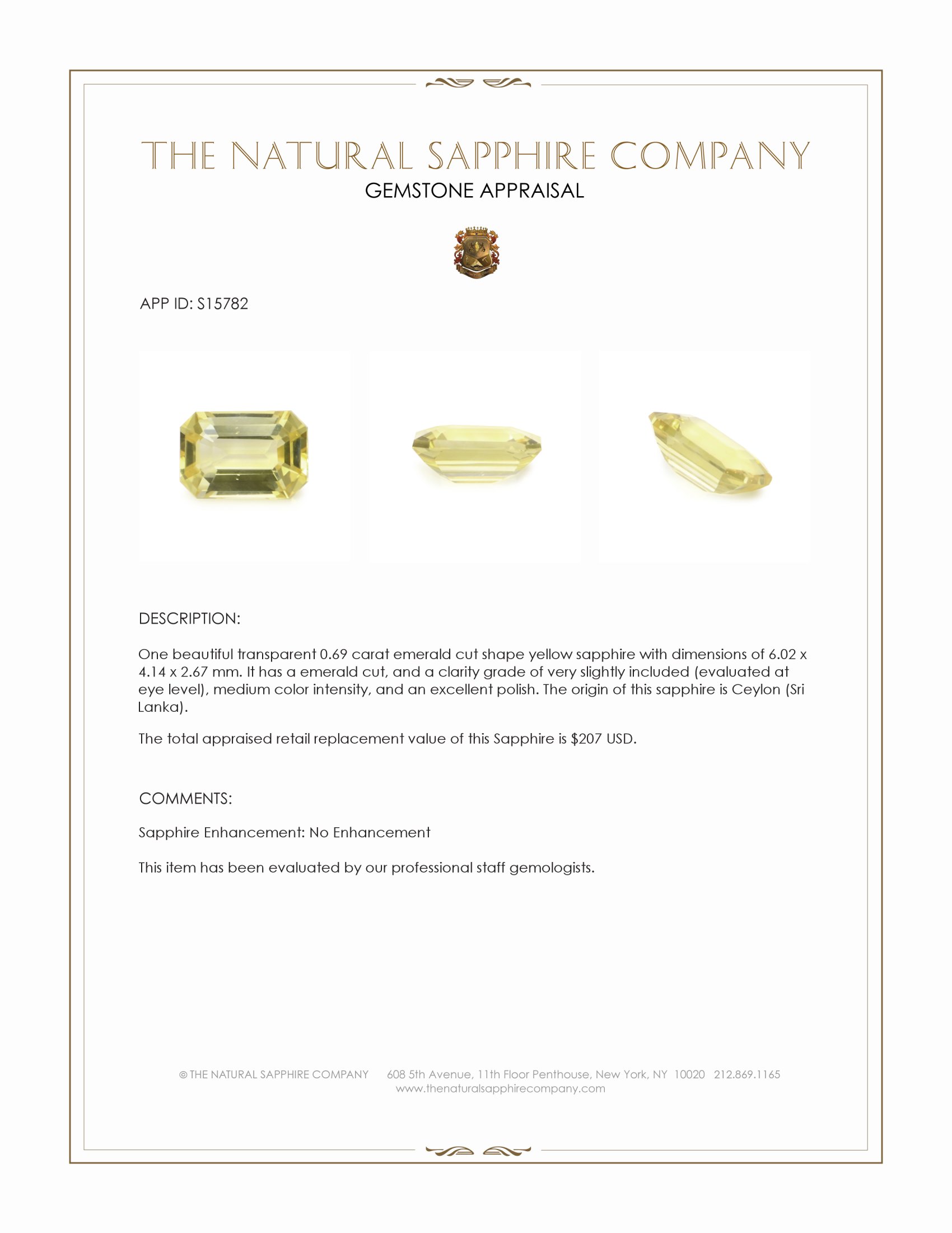 0.69 Ct. Yellow Sapphire from Ceylon (Sri Lanka)