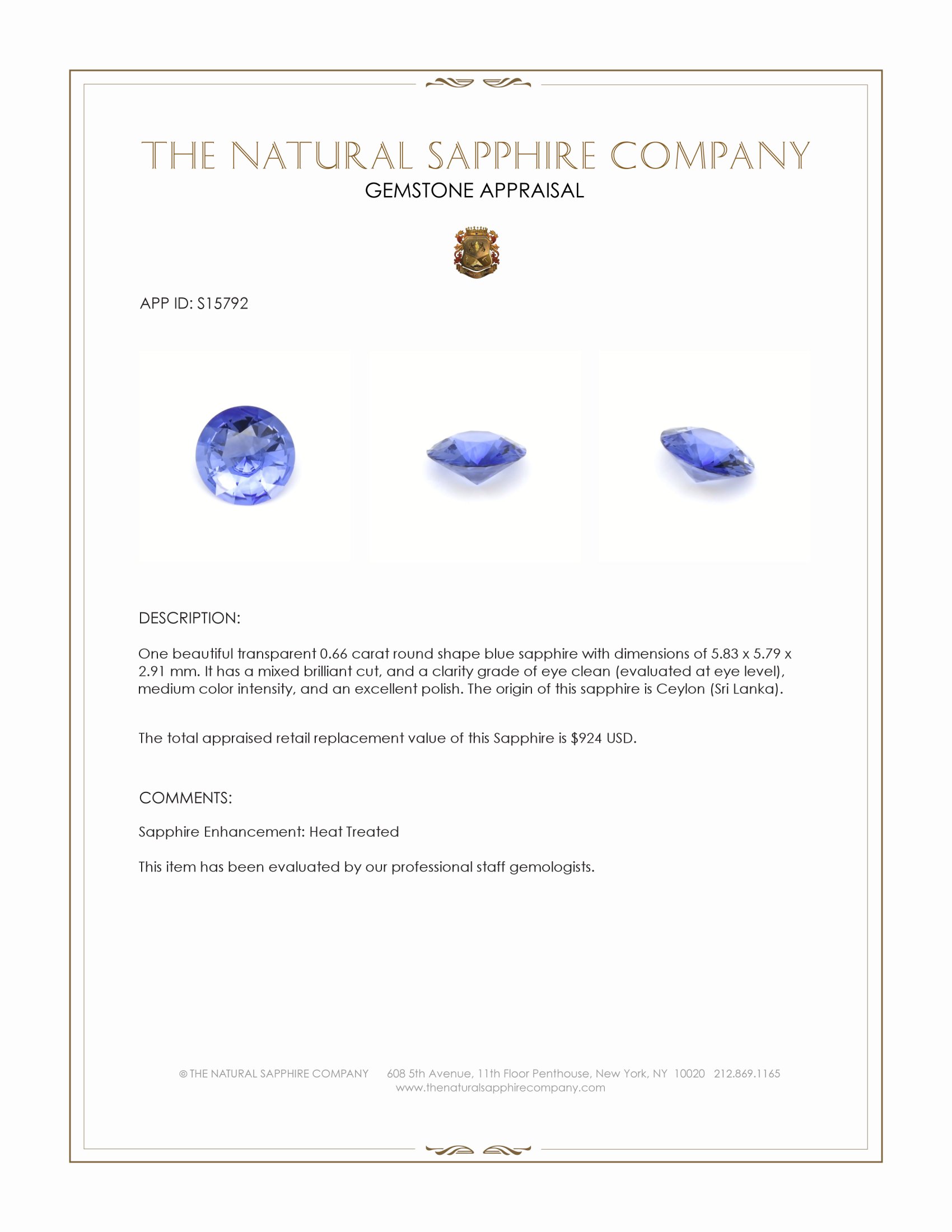 0.66 Ct. Blue Sapphire from Ceylon (Sri Lanka)