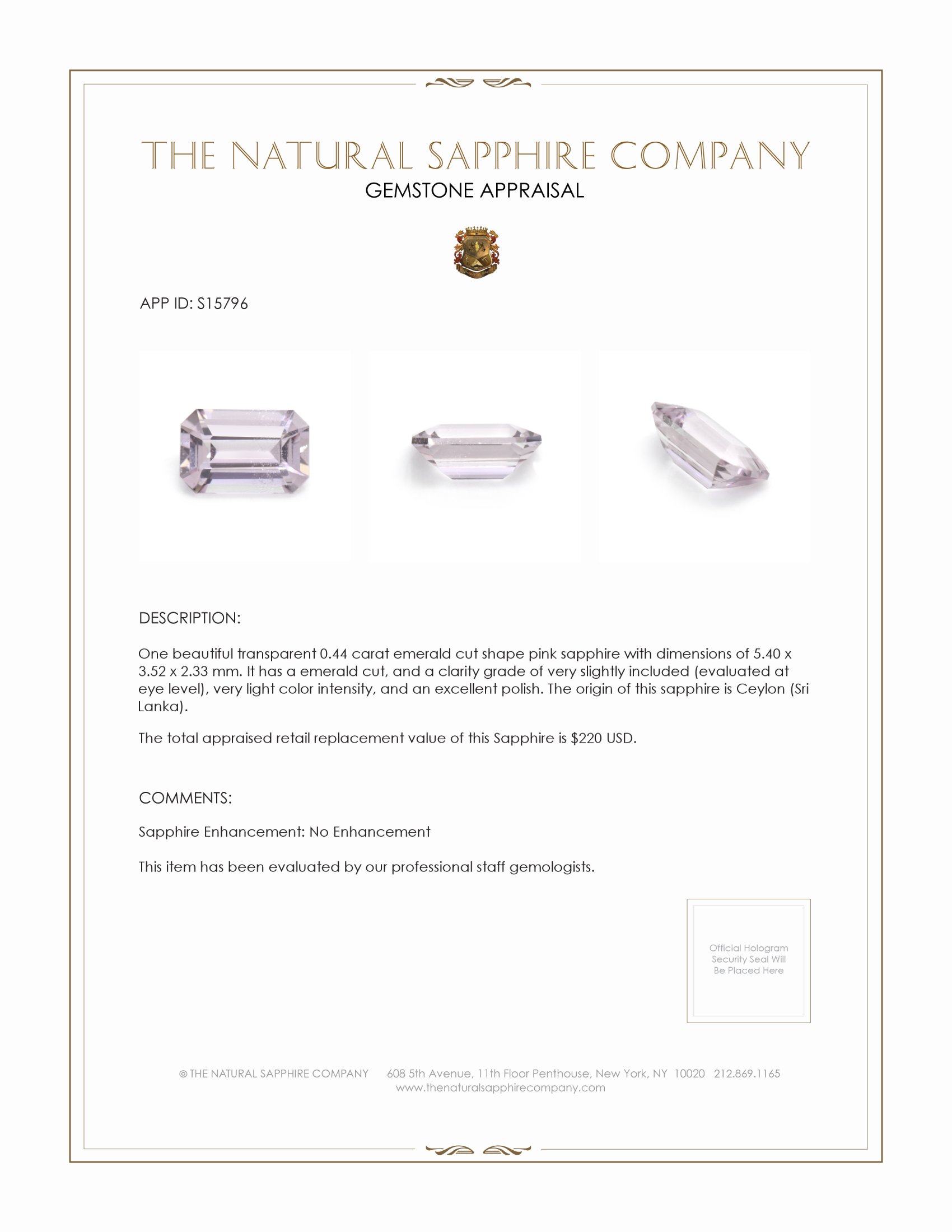 0.44 Ct. Pink Sapphire from Ceylon (Sri Lanka)