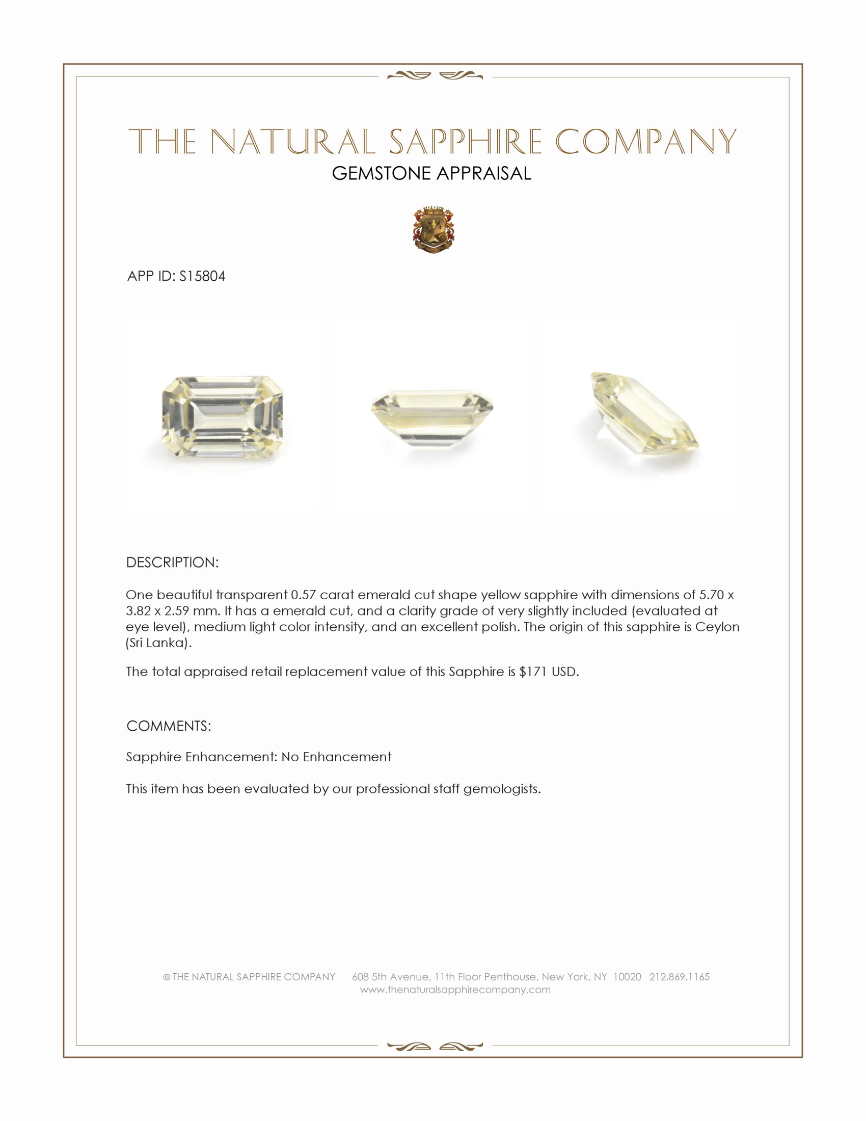 0.57 Ct. Yellow Sapphire from Ceylon (Sri Lanka)