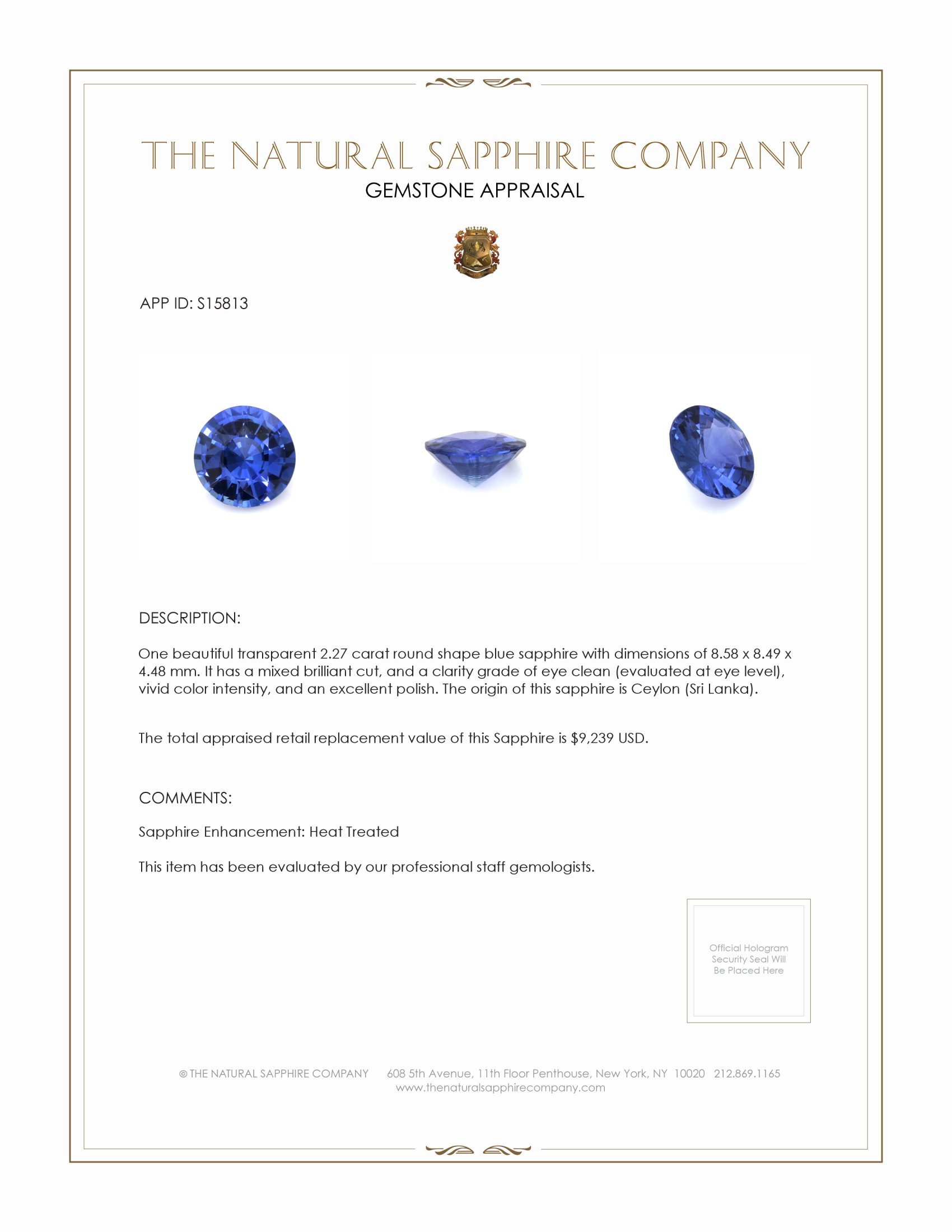 2.27 Ct. Blue Sapphire from Ceylon (Sri Lanka)